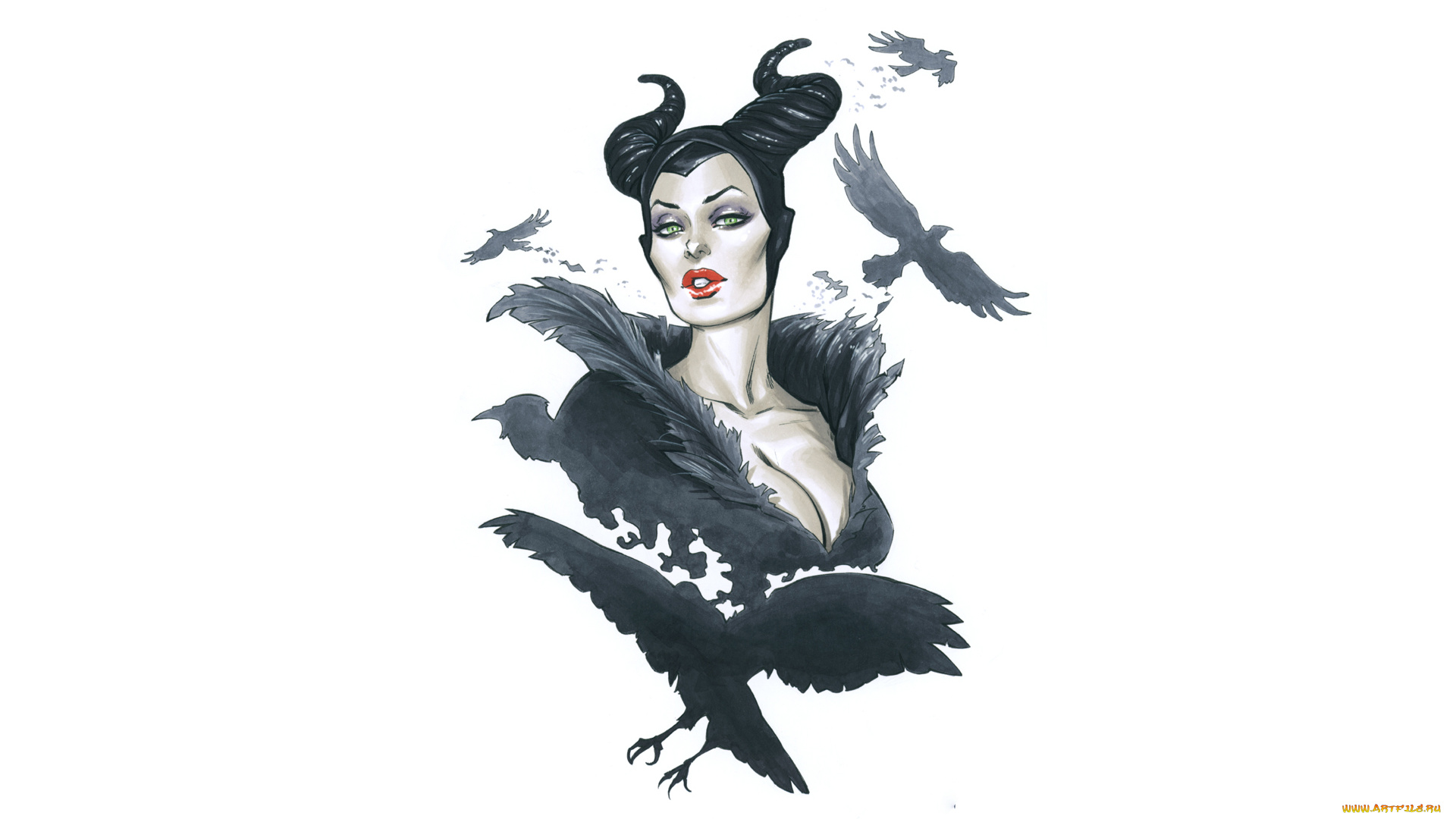 рисованное, комиксы, лицо, фон, девушка, ворона, взгляд