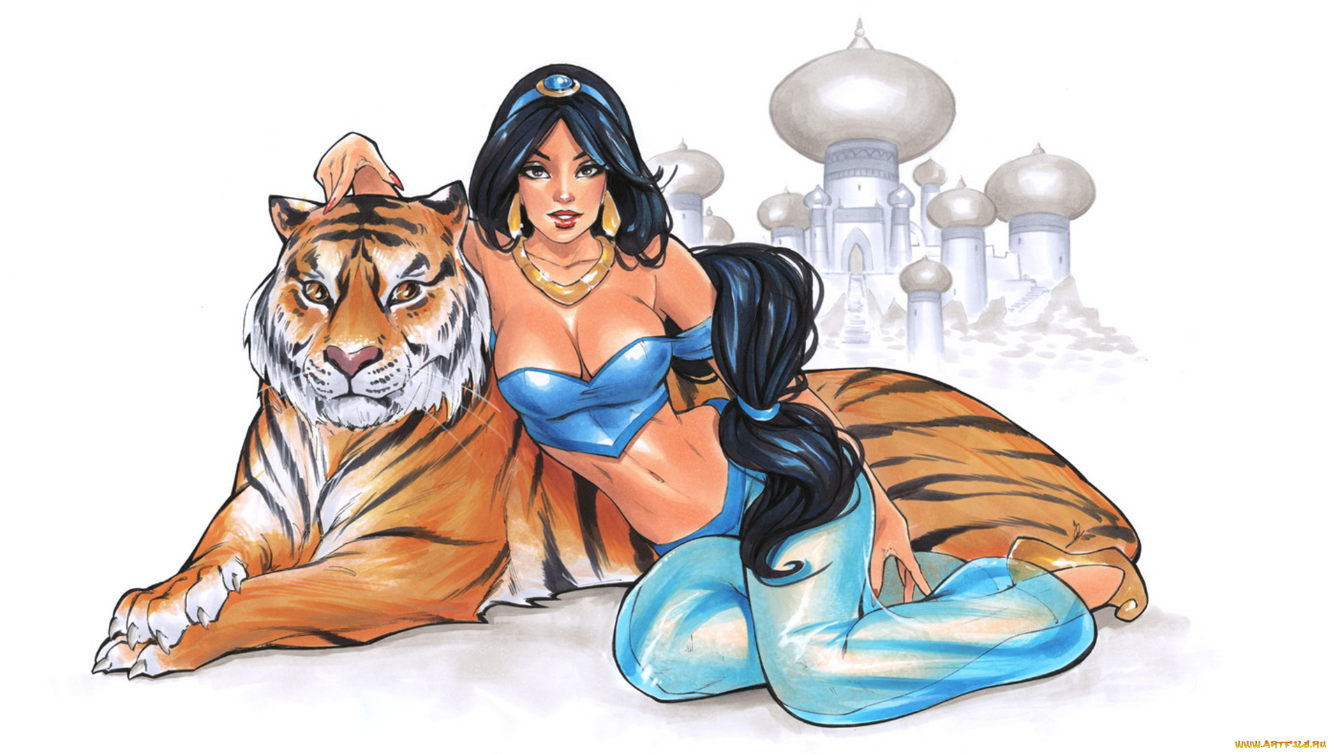 рисованное, люди, тигр, взгляд, фон, девушка