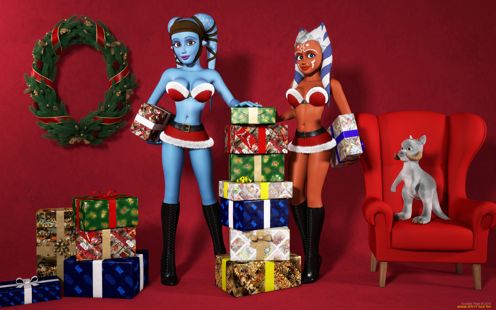 3д, графика, ___, фон, подарки, персонаж, венок