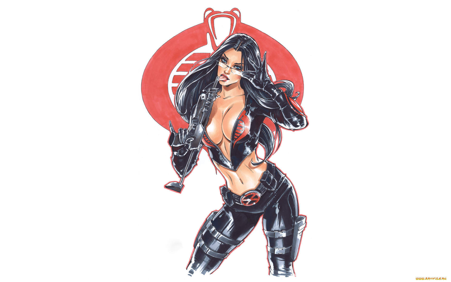 рисованное, комиксы, автомат, взгляд, фон, девушка, очки