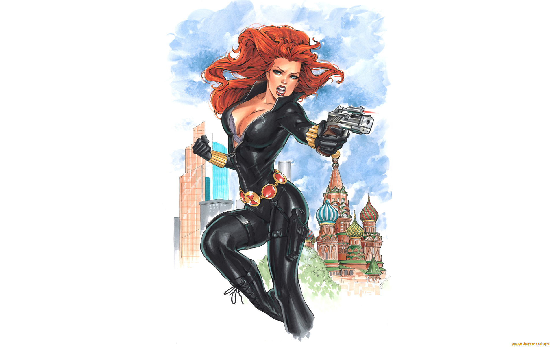 рисованное, люди, фон, пистолет, взгляд, девушка