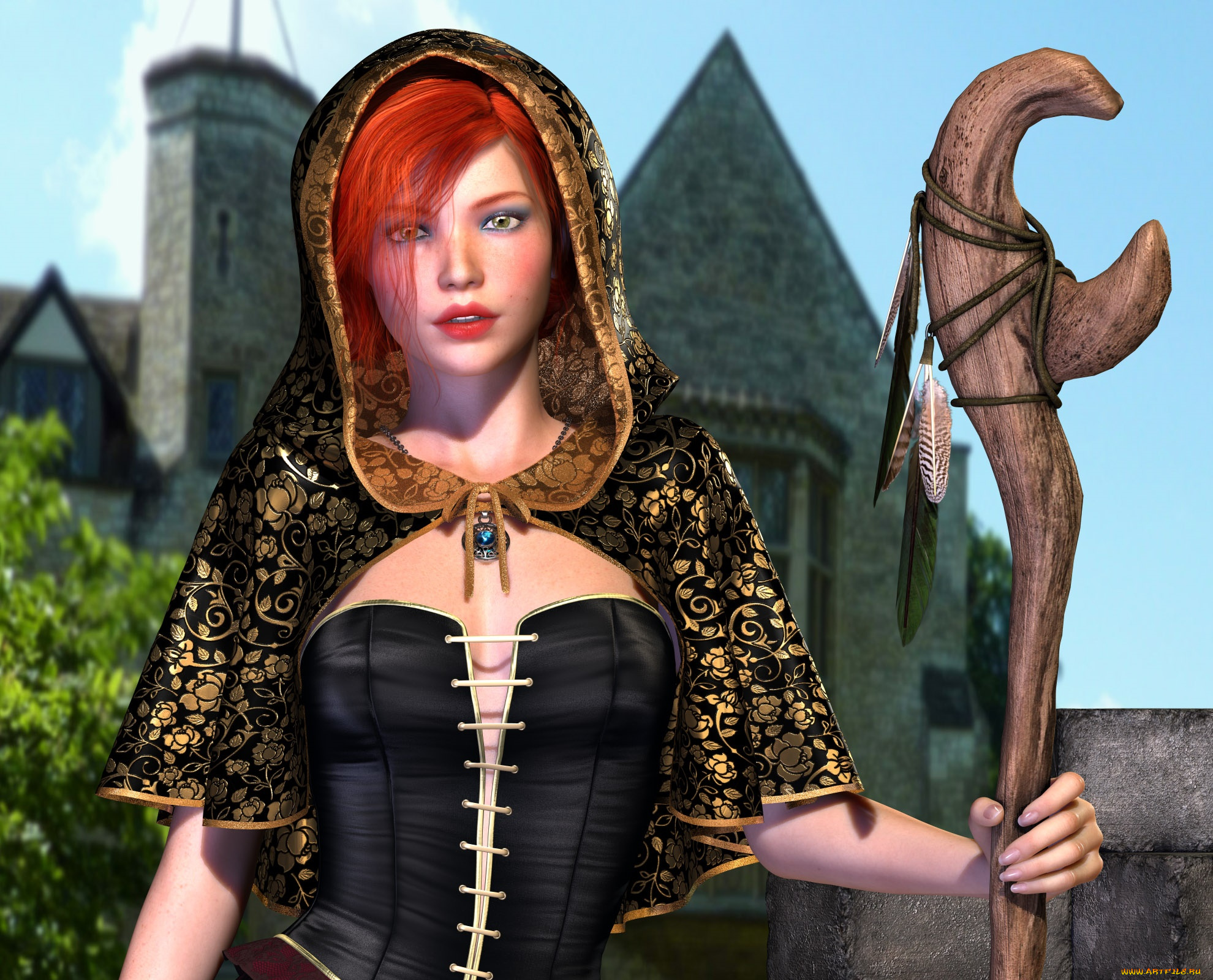 3д, графика, фантазия, , fantasy, тандем, рыжая, фон, взгляд, девушка