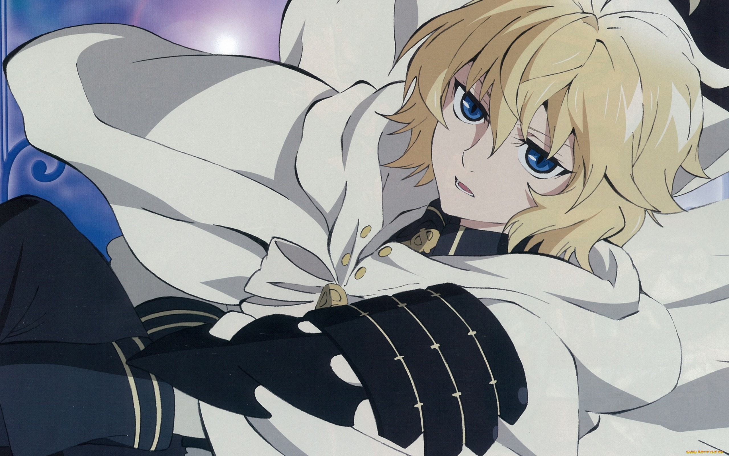 аниме, owari, no, seraph, owari, no, seraph, art, yamato, yamamoto, последний, серафим, michaela, hyakuya, вампир, военная, форма, плащ, голубые, глаза