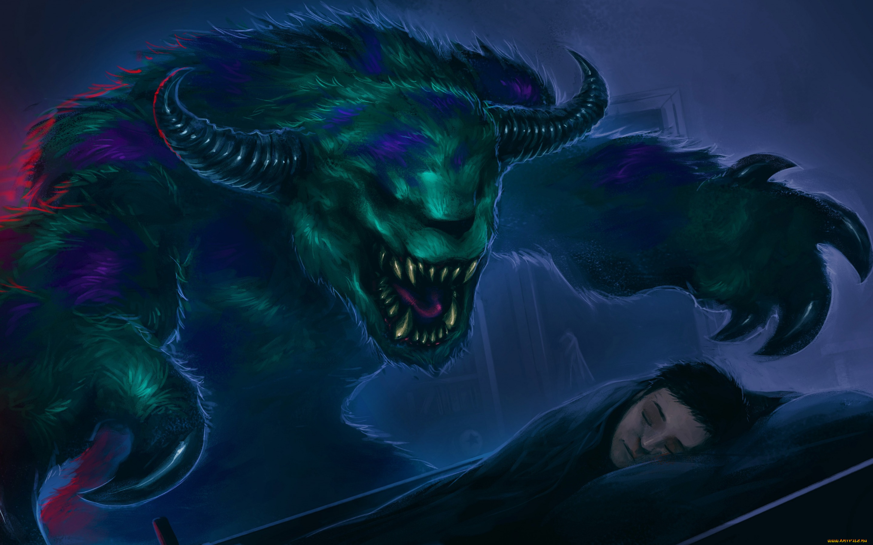 фэнтези, существа, sully, monsters, inc, монстер, сон, арт, мальчик, спит, кровать, ночь