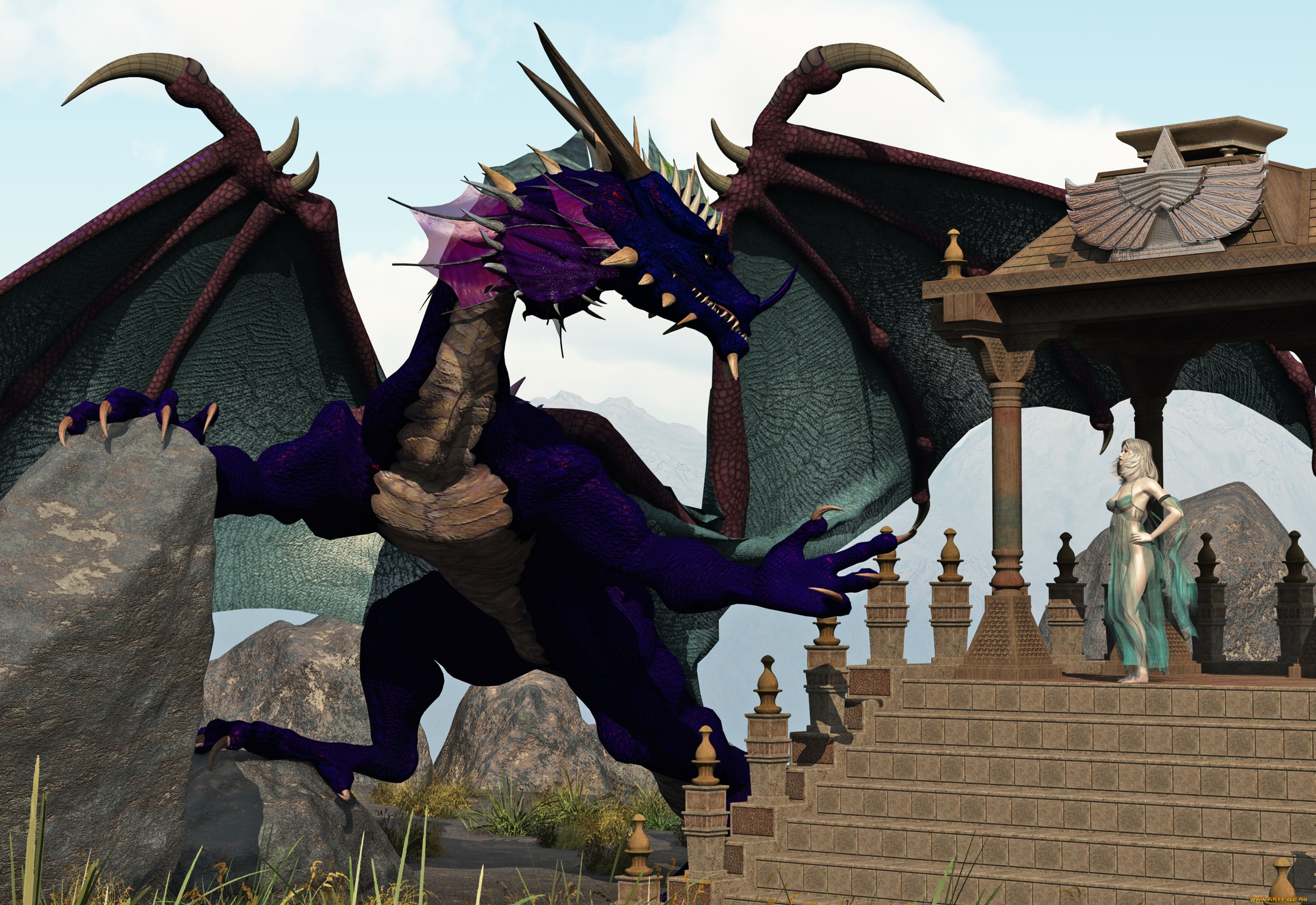 3д, графика, фантазия, , fantasy, дракон, фон, взгляд, девушка