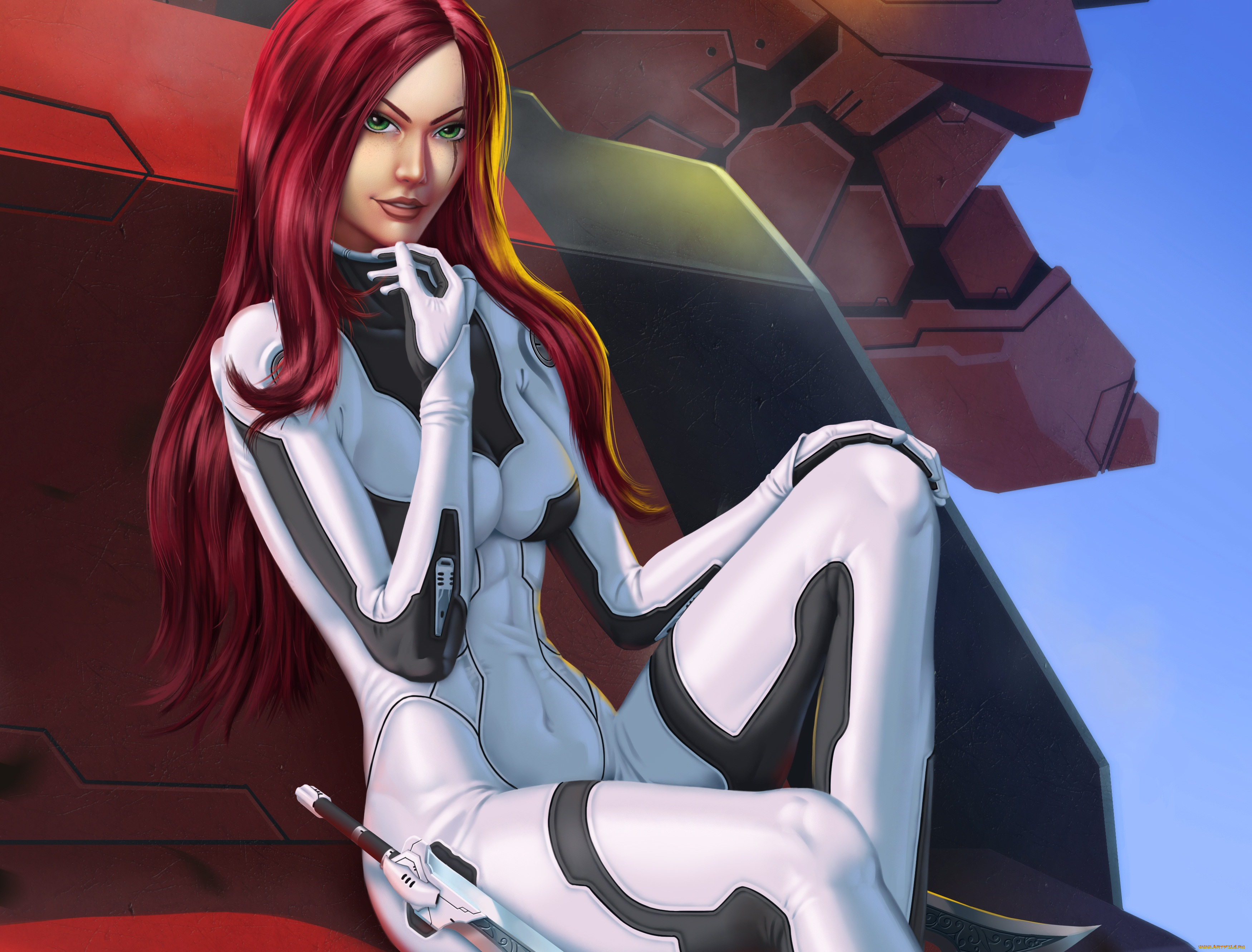 фэнтези, девушки, сидит, оружие, костюм, арт, красные, волосы, девушка, поза, фантастика