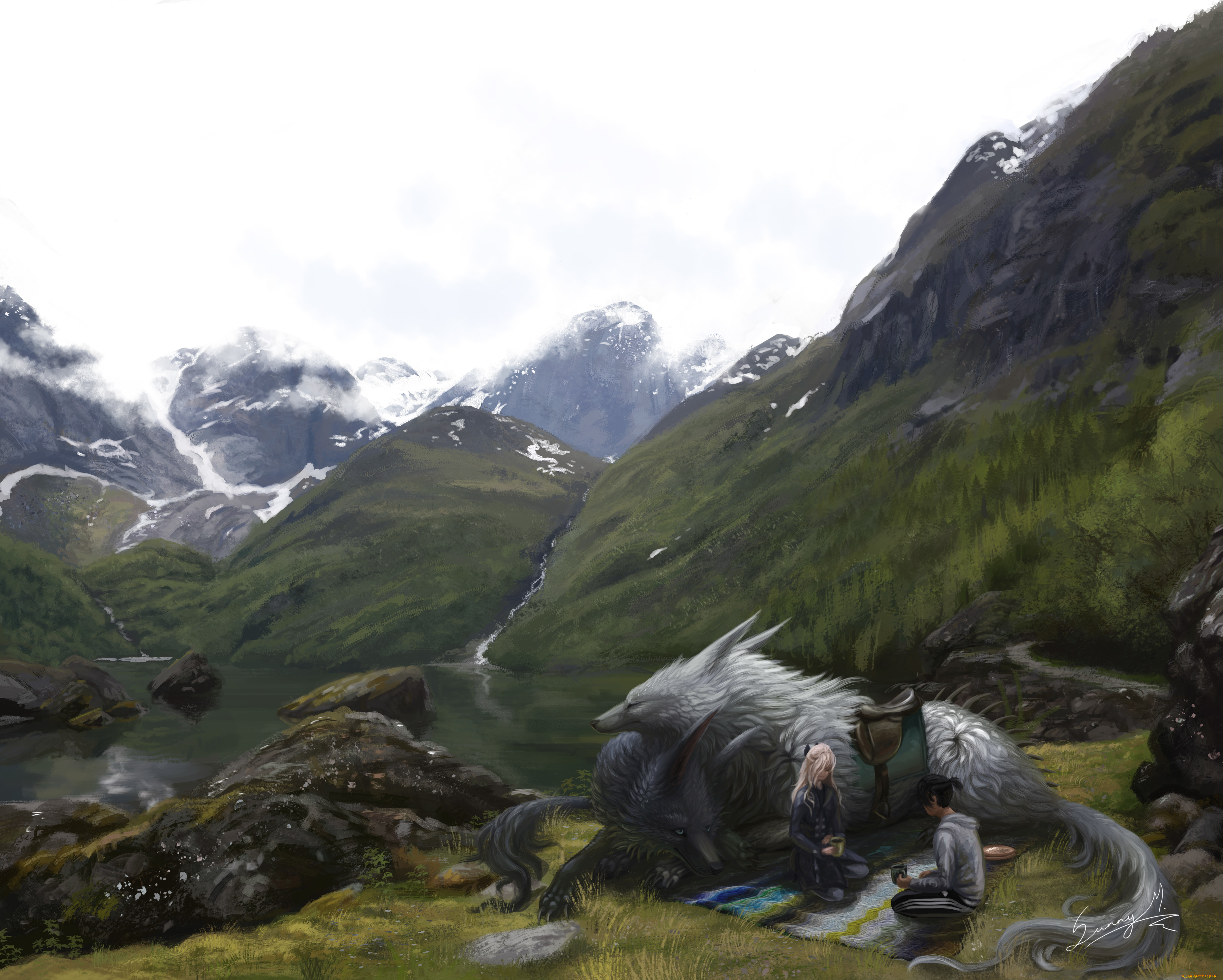 фэнтези, существа, арт, отдых, озеро, парень, девушка, природа, волки, горы