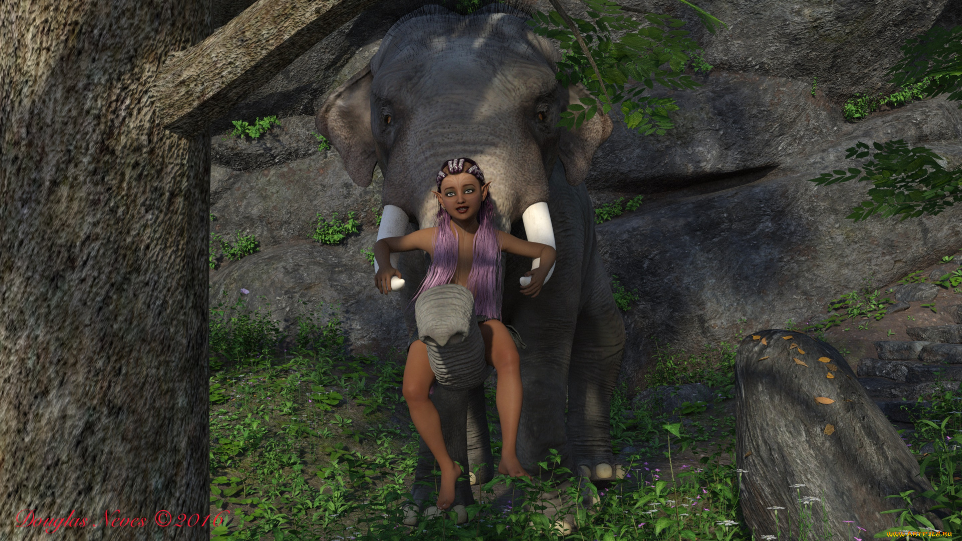 3д, графика, эльфы, , elves, взгляд, эльфийка, джунгли, слон, фон