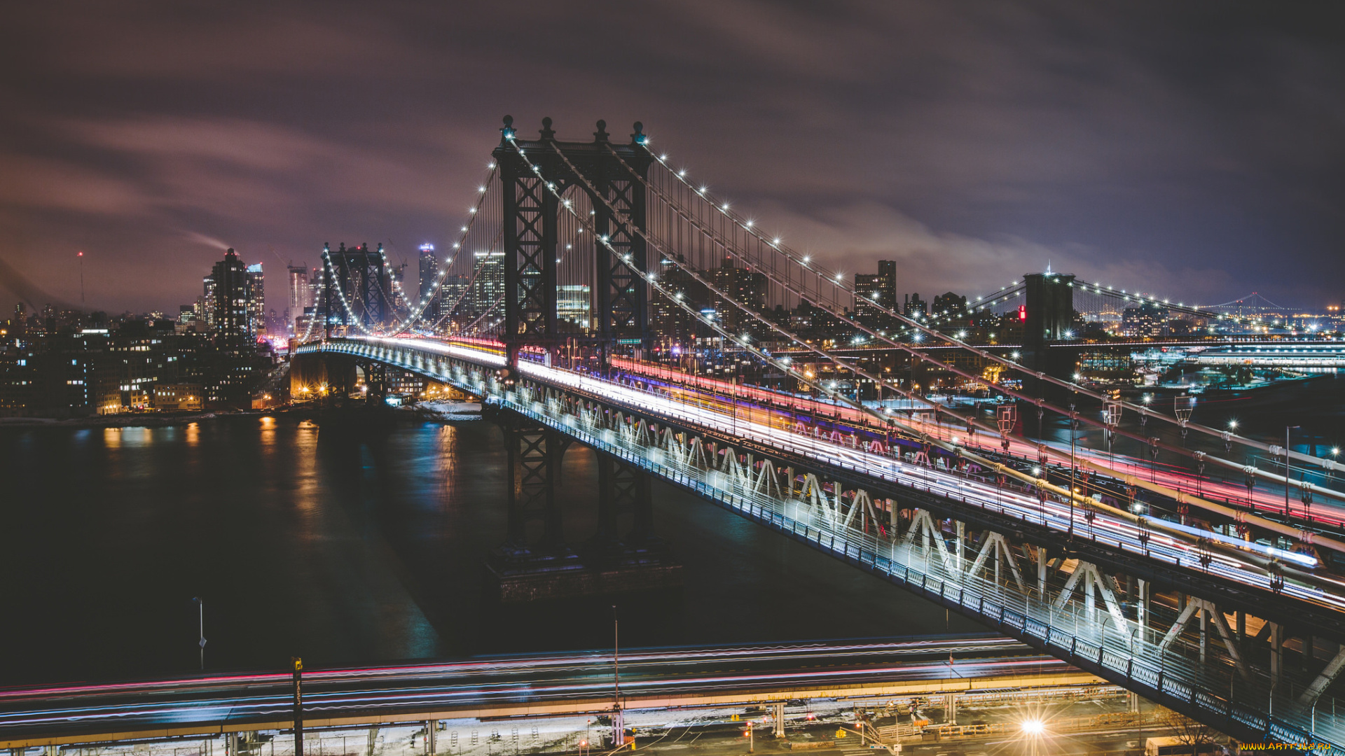 города, -, мосты, манхэттенский, мост, светофор, ночь, соединенные, штаты, улица, бруклинский, манхэттен, ист-ривер, огни, нью-йорк
