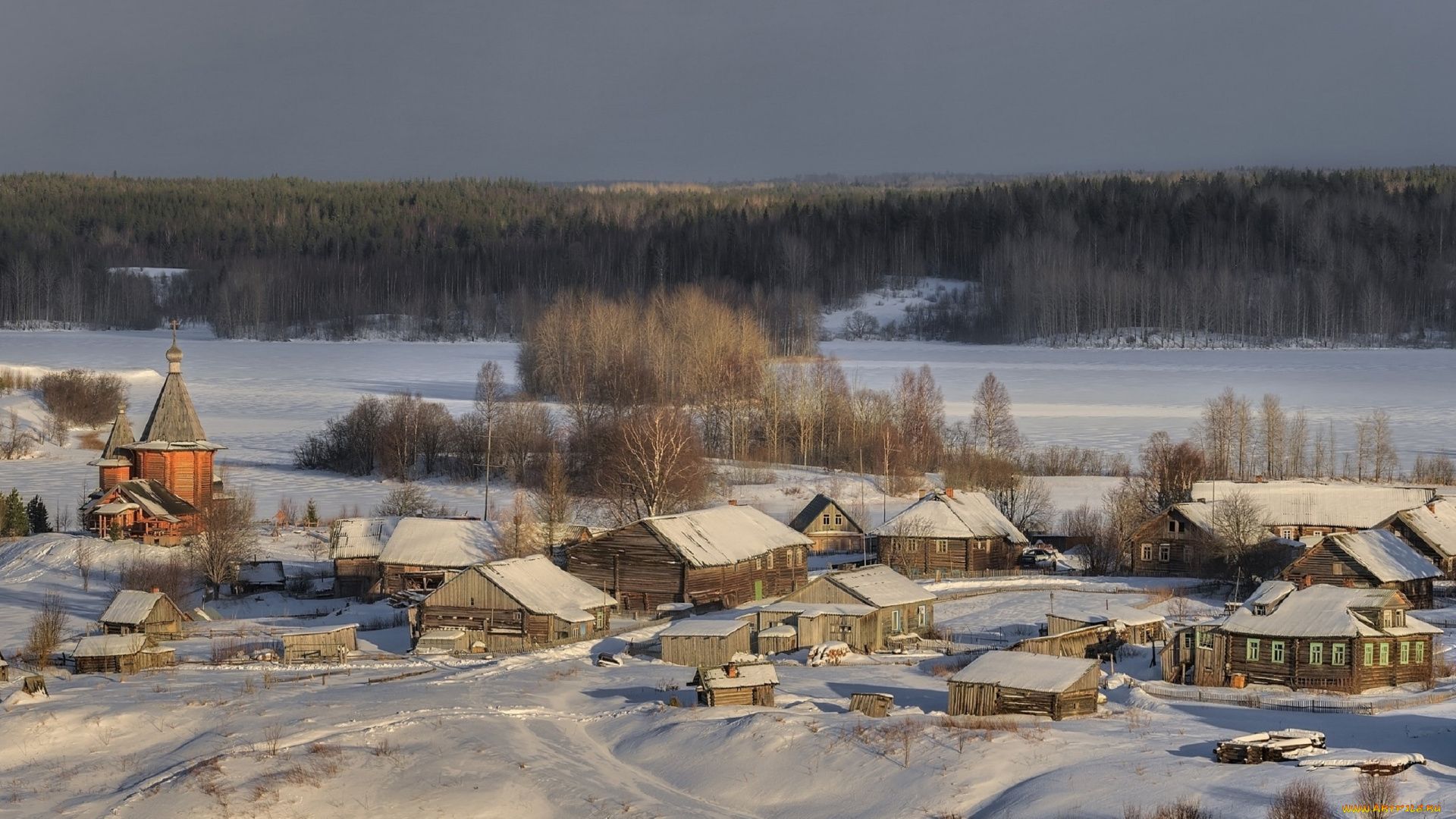 города, -, пейзажи, вечер, гармашов, сергей, карелия, зима, деревня