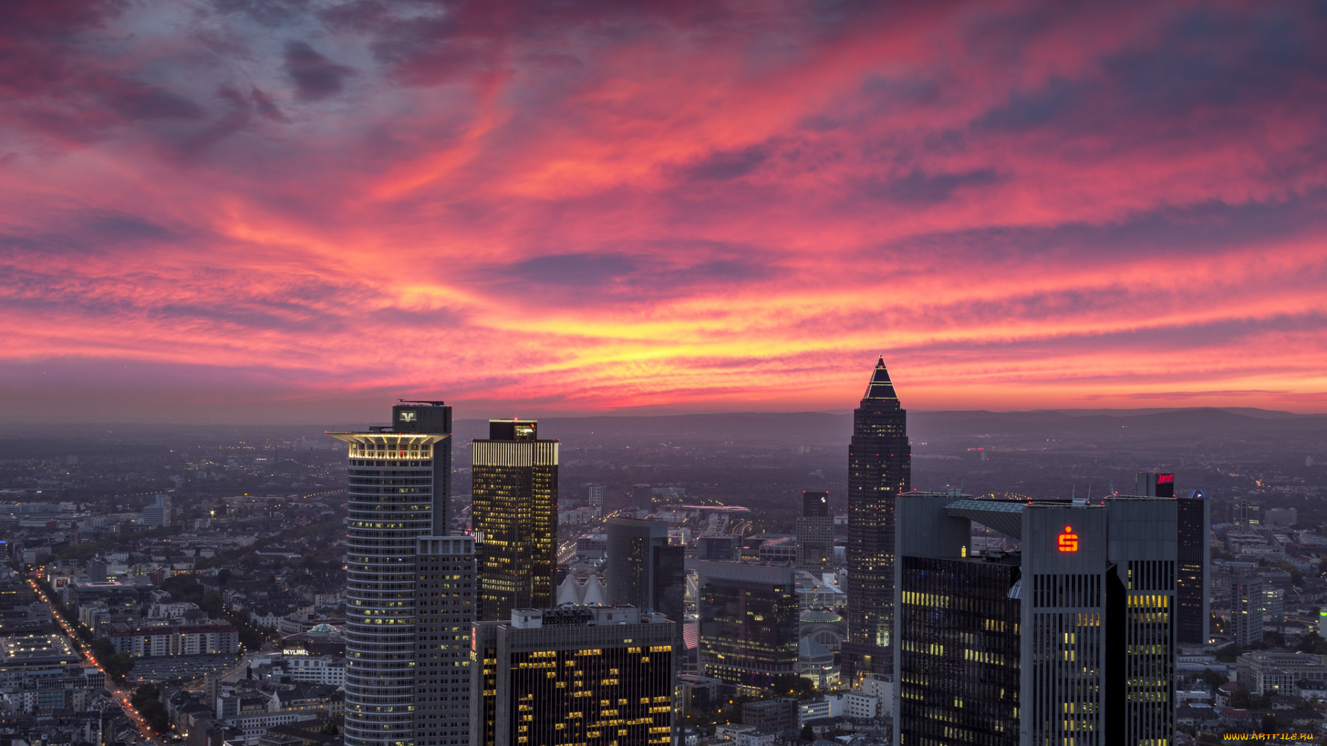 города, франкфурт-на-майне, , германия, вечер, небоскреб, дома, франкфурт-на-майне, панорама, зарево