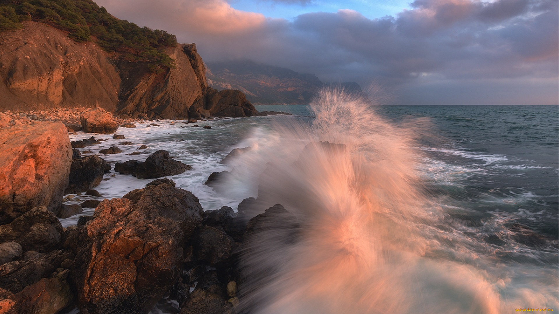 природа, побережье, прибой, зима, александр, трашин, серая, скала, закат, крым, балаклава