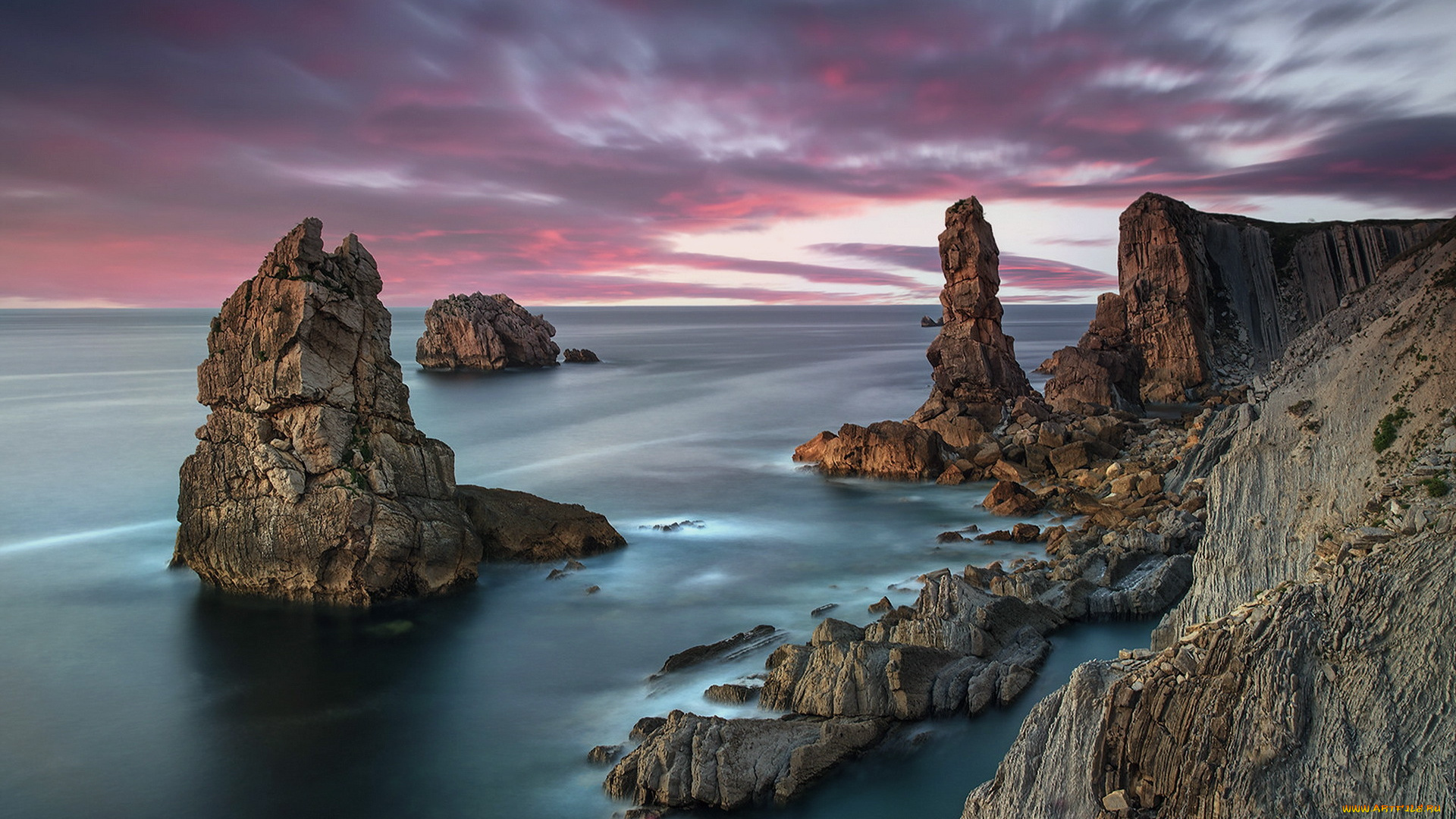 природа, побережье, скалы, берег, море, закат