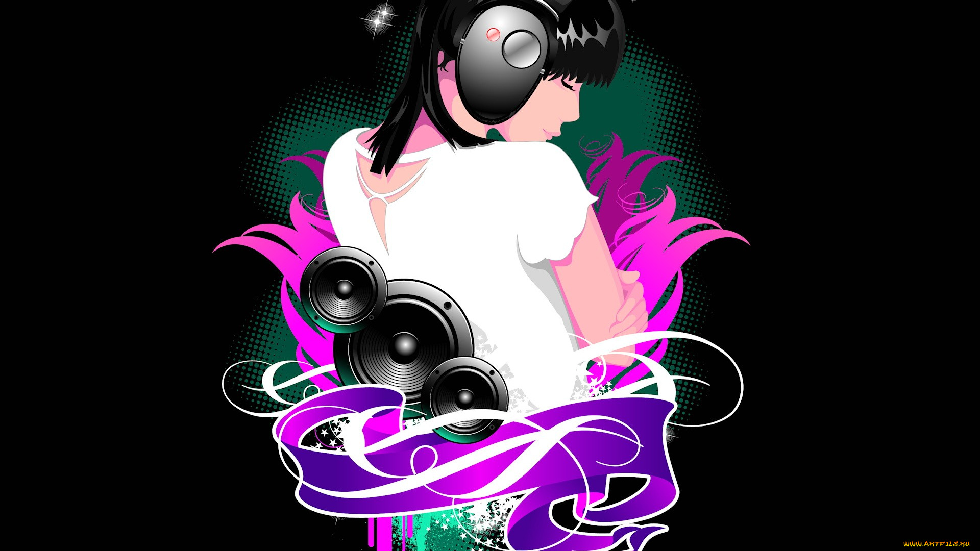 векторная, графика, девушки, , girls, девушка, наушники, музыка, колонки