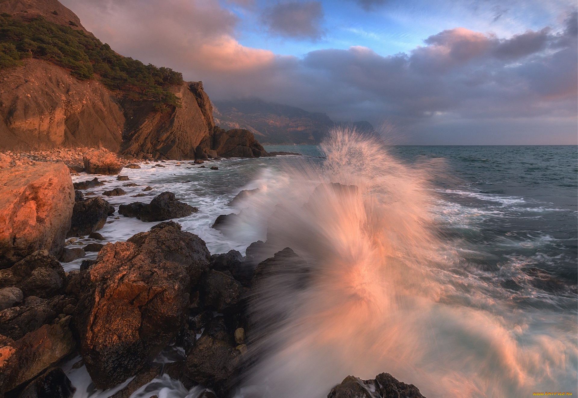 природа, побережье, прибой, зима, александр, трашин, серая, скала, закат, крым, балаклава