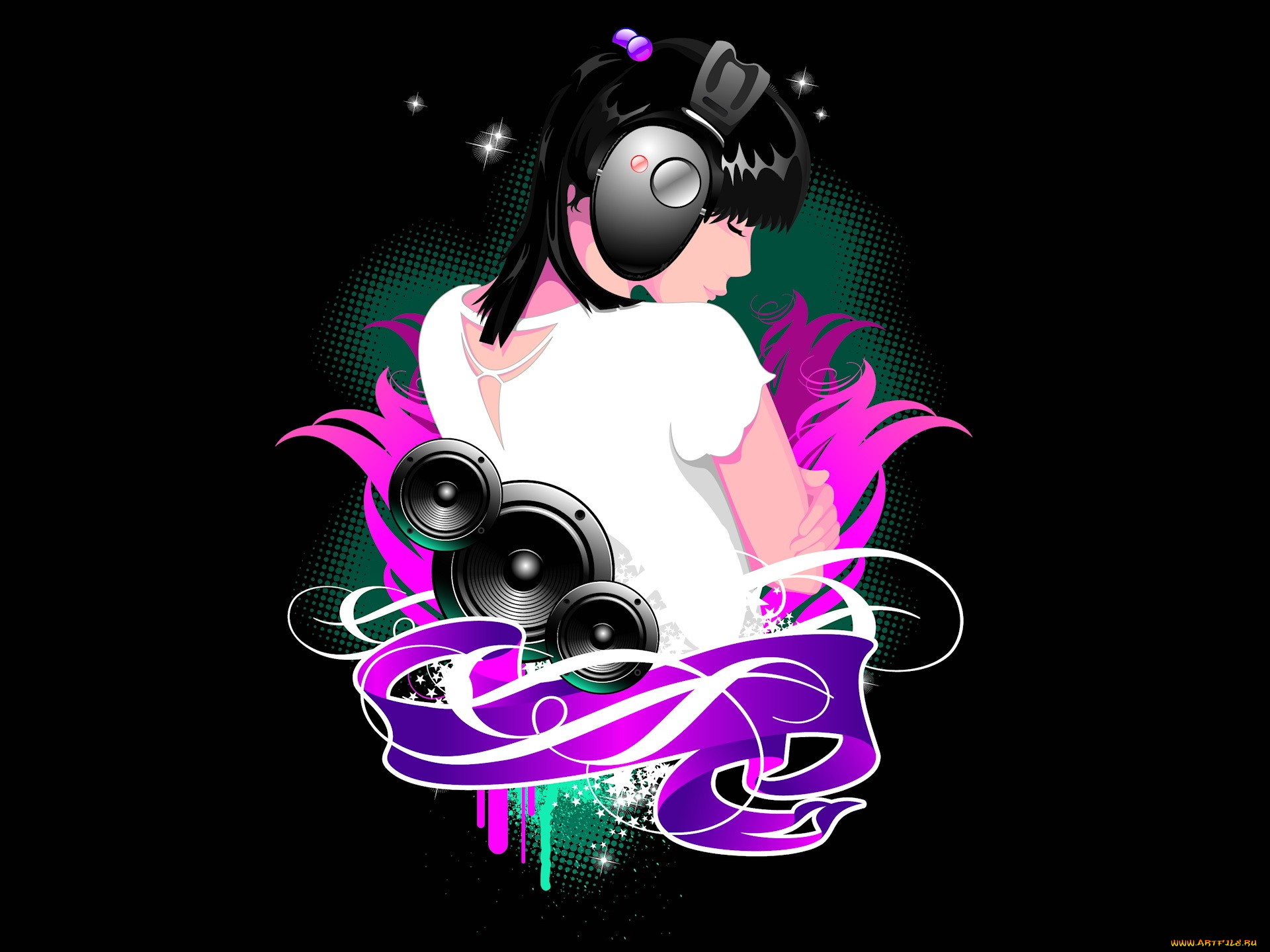 векторная, графика, девушки, , girls, девушка, наушники, музыка, колонки