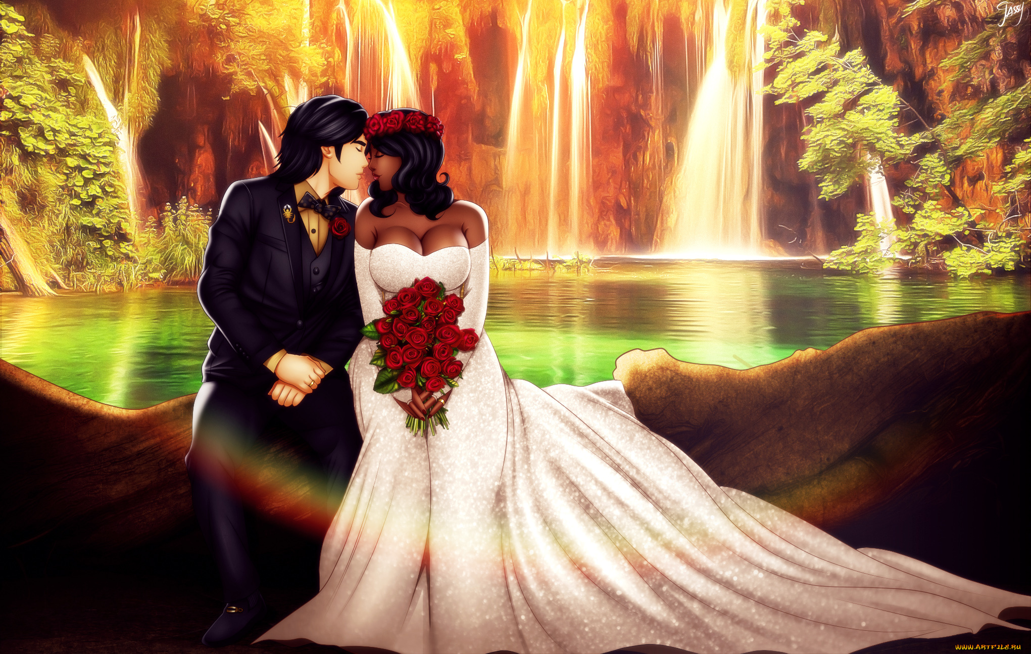 рисованное, люди, девушка, взгляд, фон, парень, водопад