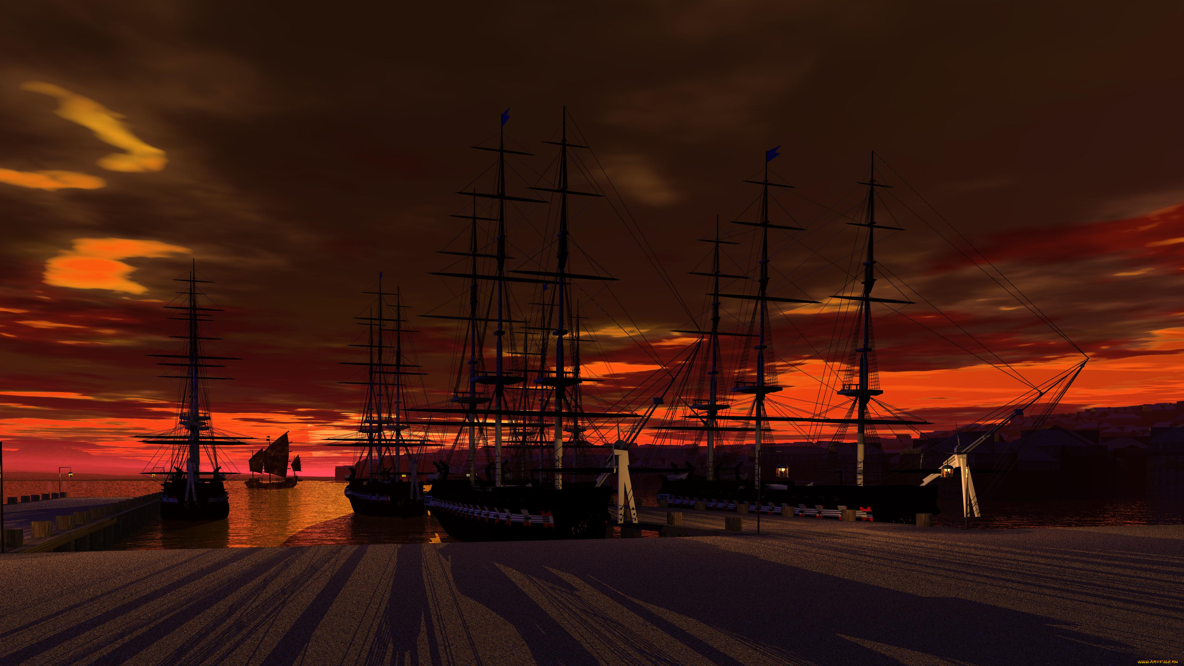 3д, графика, море, , sea, закат, море, парусники