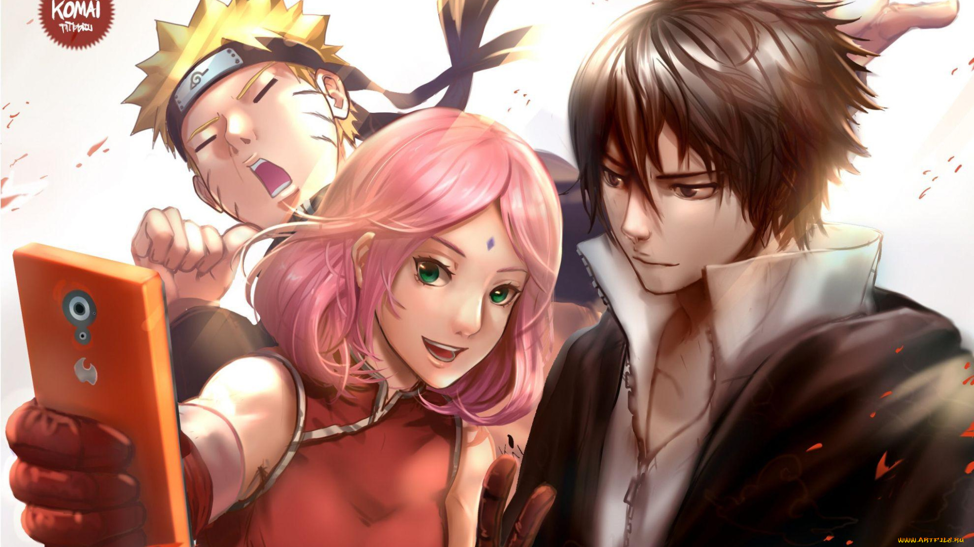 аниме, naruto, селфи, телефон, саске, сакура, наруто