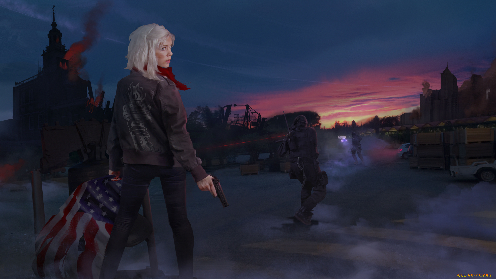 видео, игры, homefront, , the, revolution, девушка, солдат, взгляд, фон, флаг