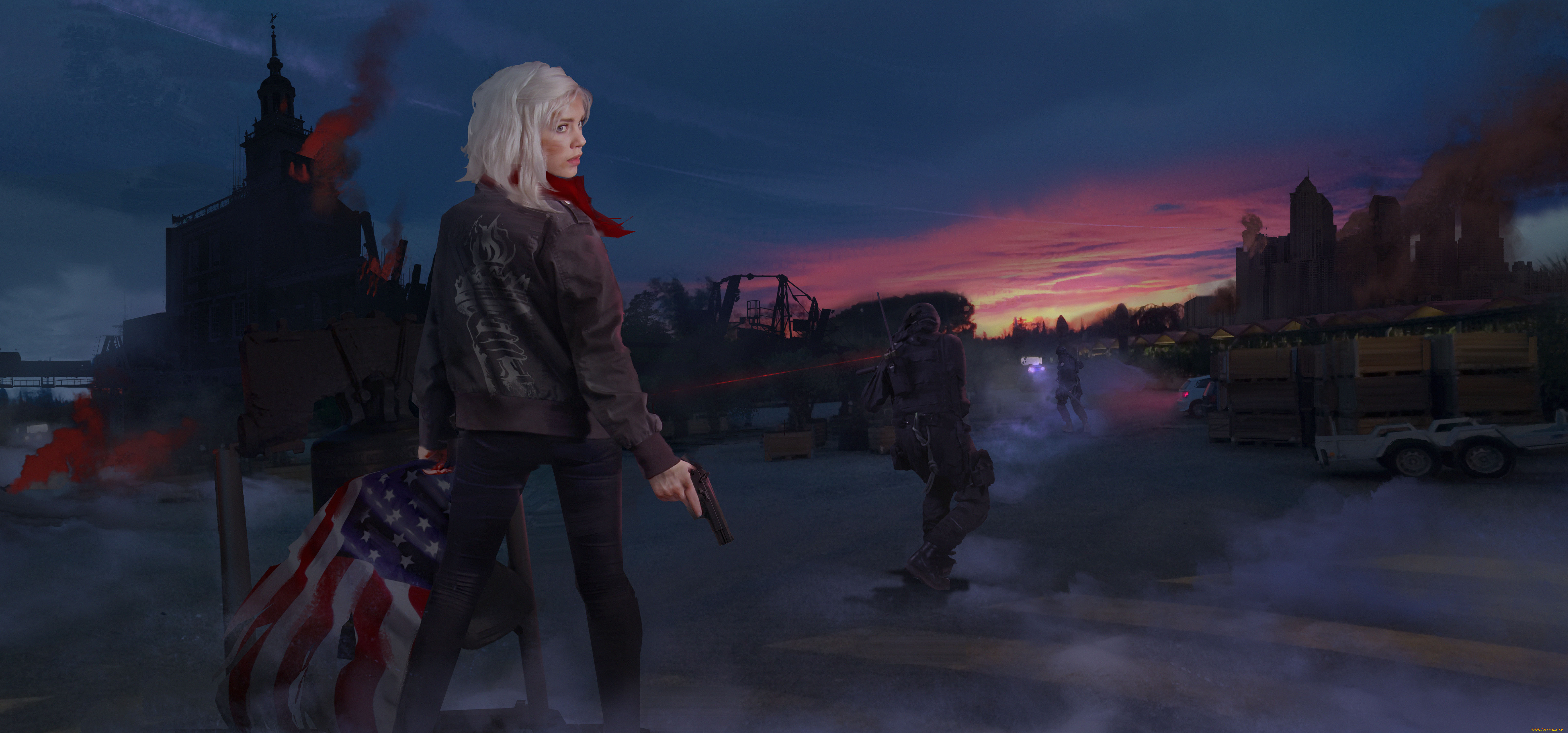 видео, игры, homefront, , the, revolution, девушка, солдат, взгляд, фон, флаг