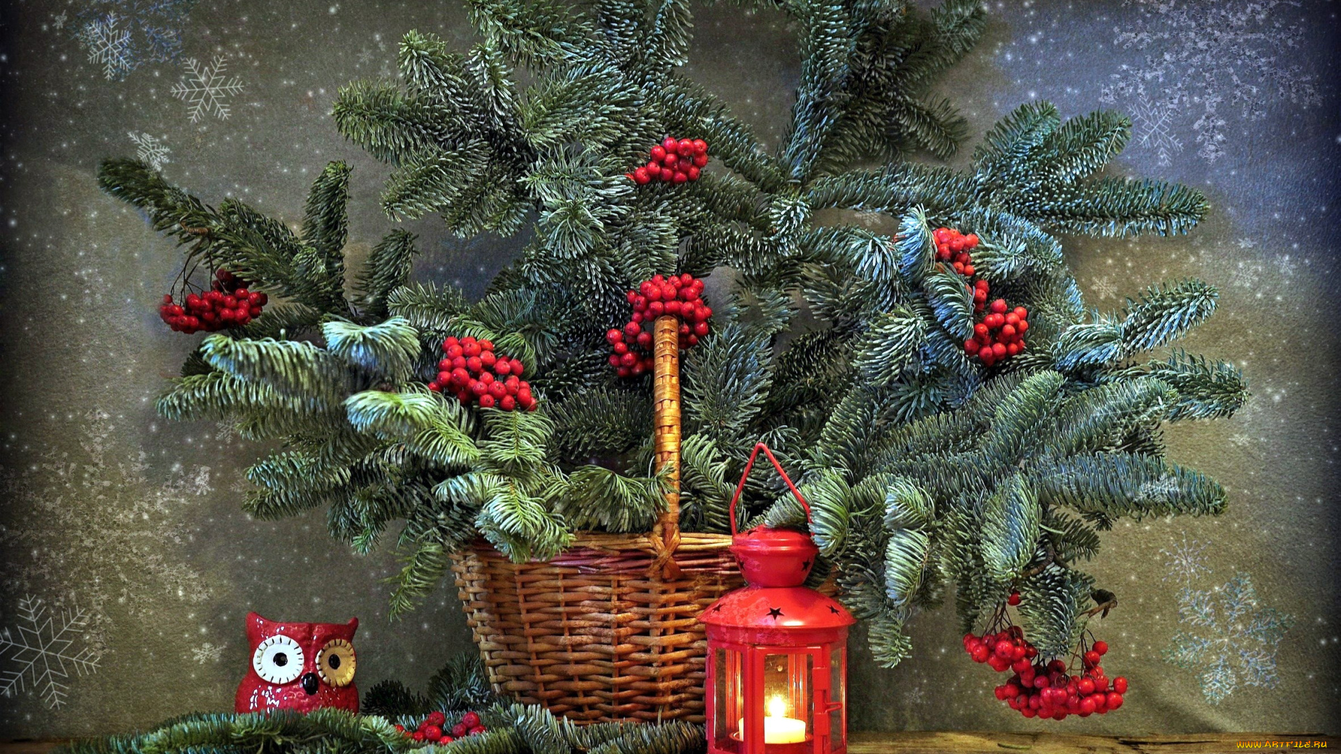 праздничные, -, разное, , новый, год, еловые, ветки, фонарь, рябина