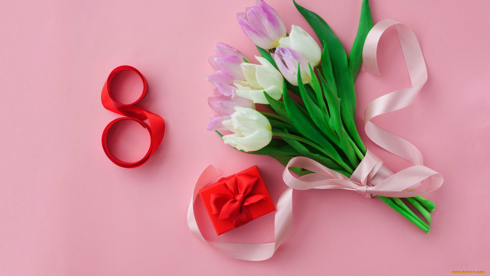 праздничные, международный, женский, день, -, 8, марта, тюльпаны, бутоны, букет, лента, дата, подарок
