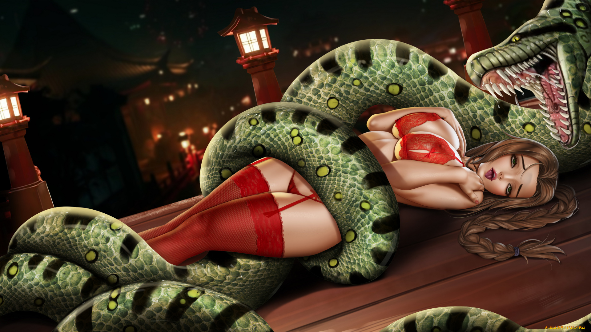 рисованное, комиксы, девушка, фон, змея