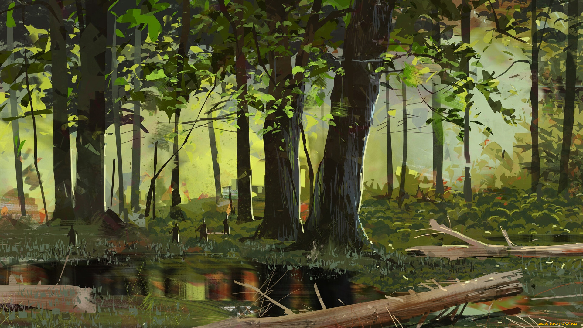 рисованное, природа, лес, бревна, лужа