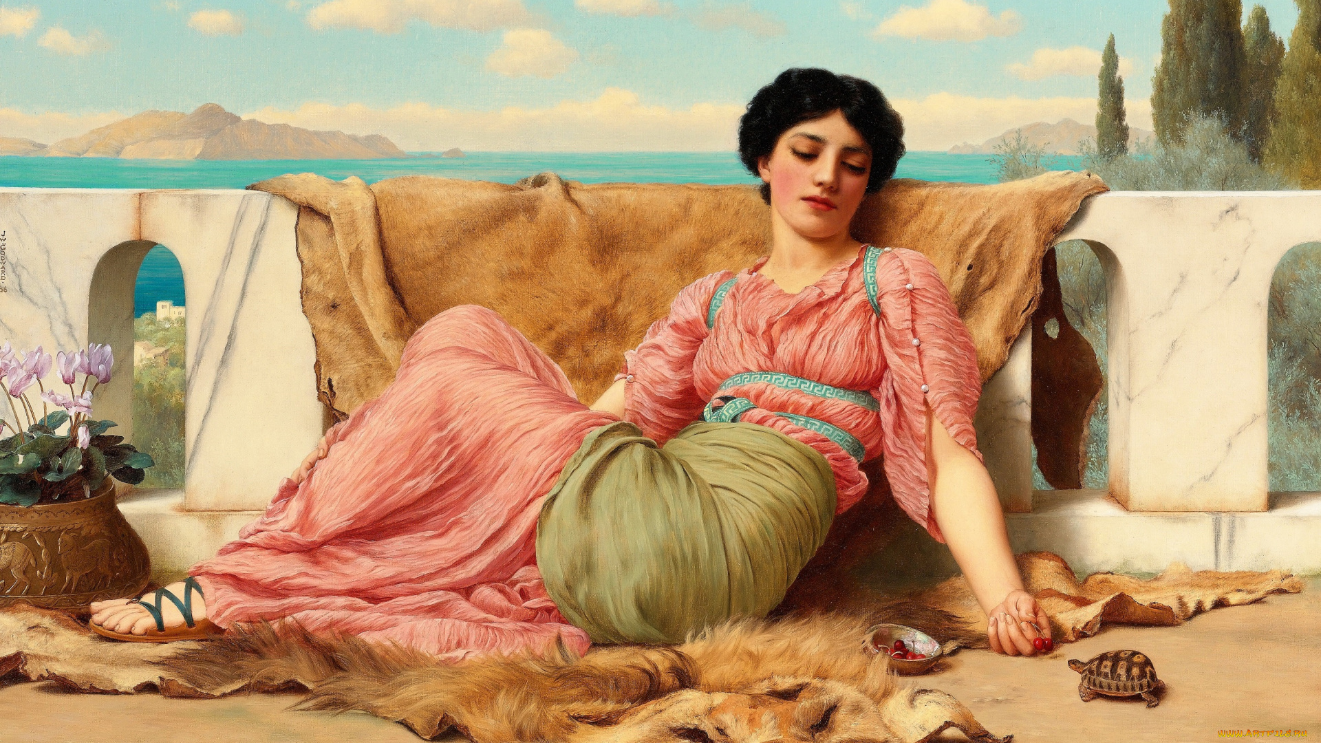 бесшумный, любимец, рисованное, john, william, godward, девушка, шкура, черепаха