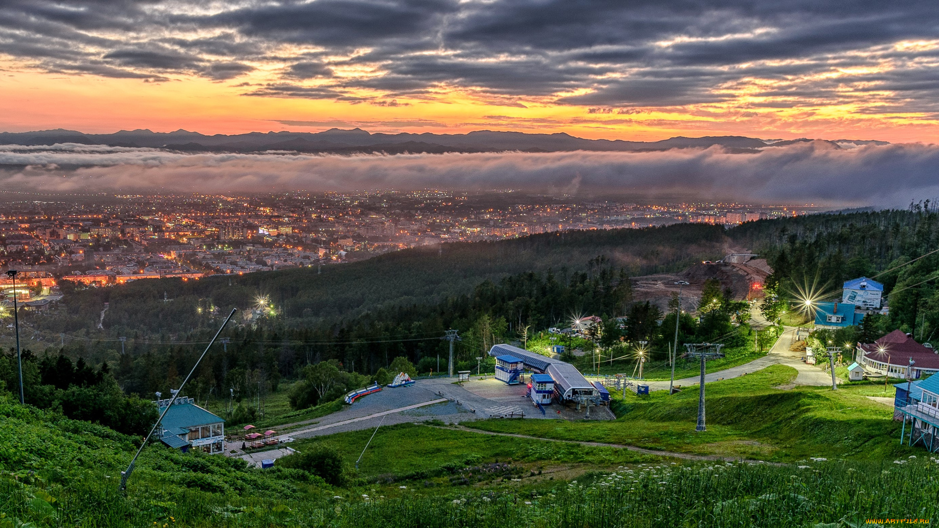 города, -, огни, ночного, города, сахалин, россия, дома, вечер, туман, oгни