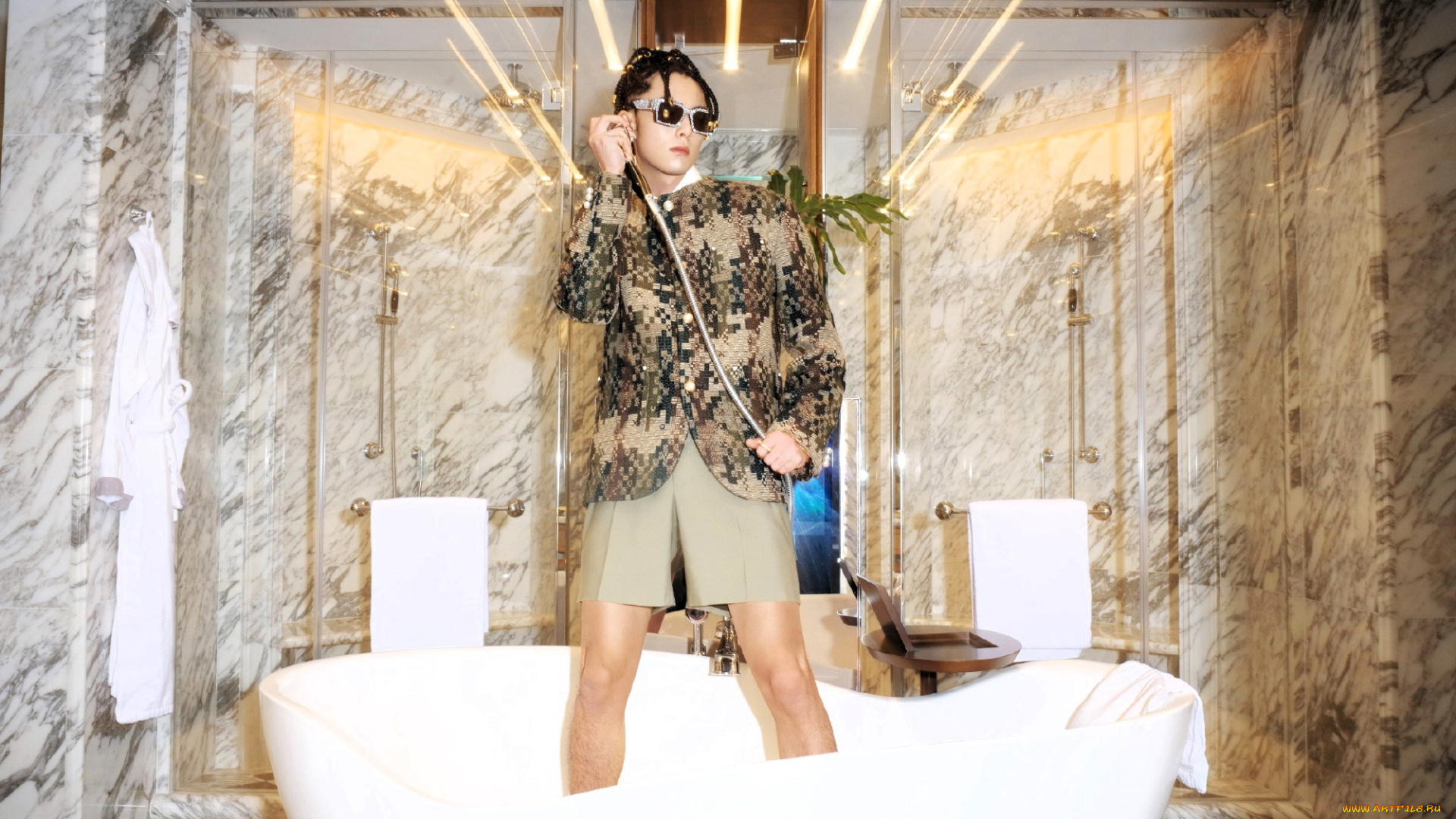 мужчины, wang, hedi, , dylan, wang, актер, очки, шорты, ванна, пиджак