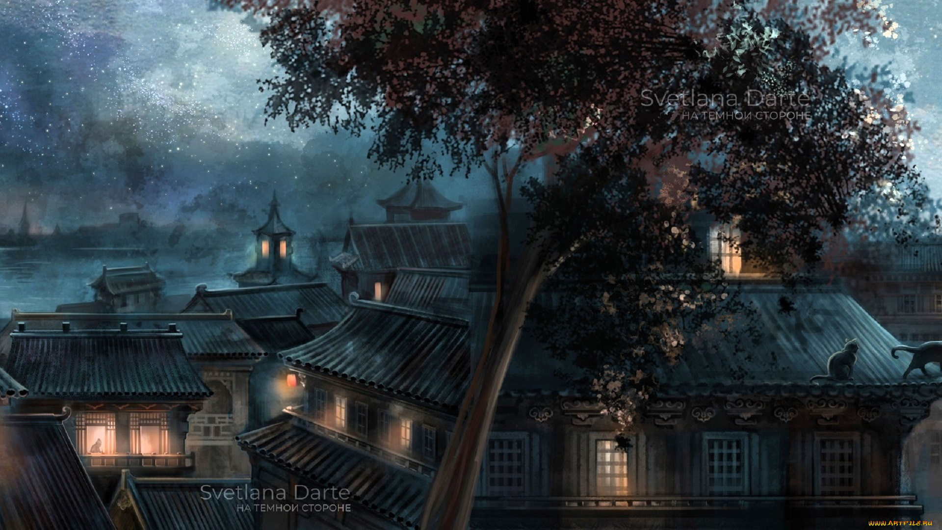 рисованное, кино, , мультфильмы, город, дома, огни, дерево, коты, бухта