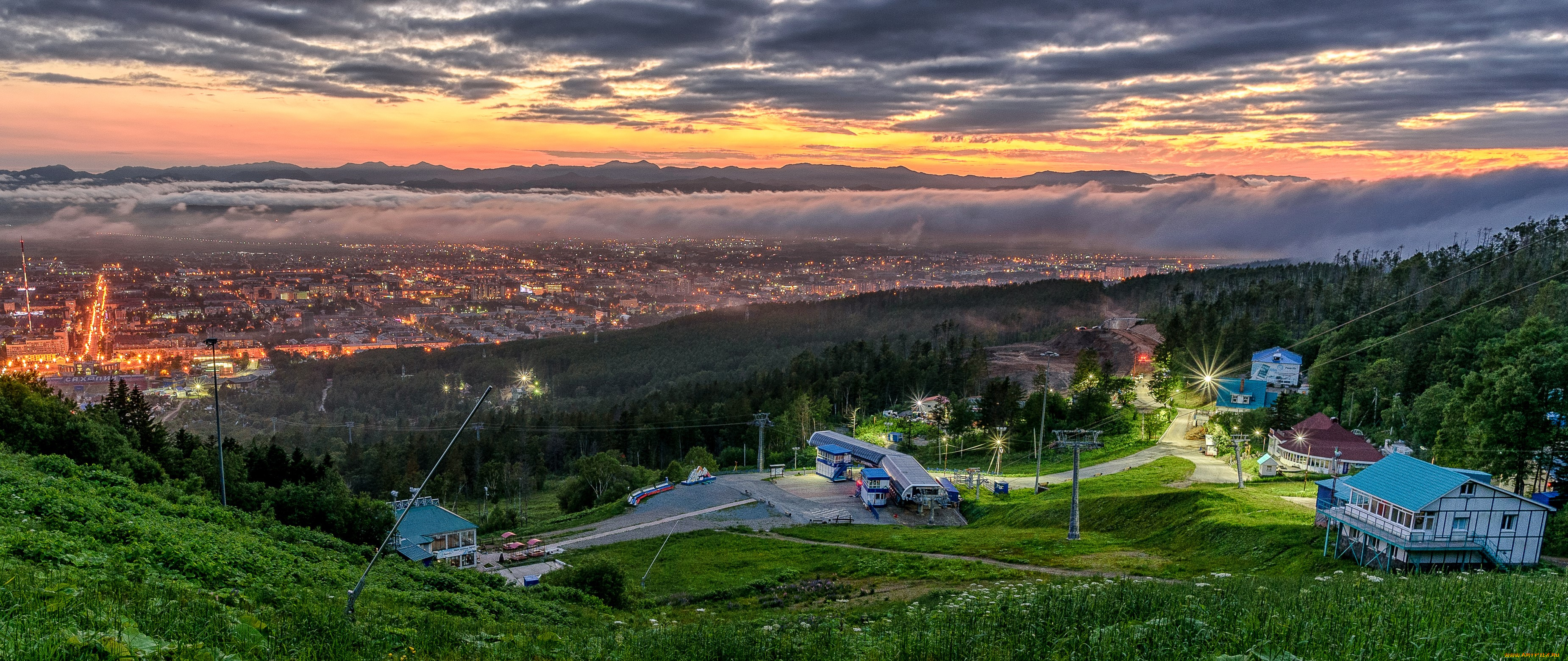 города, -, огни, ночного, города, сахалин, россия, дома, вечер, туман, oгни