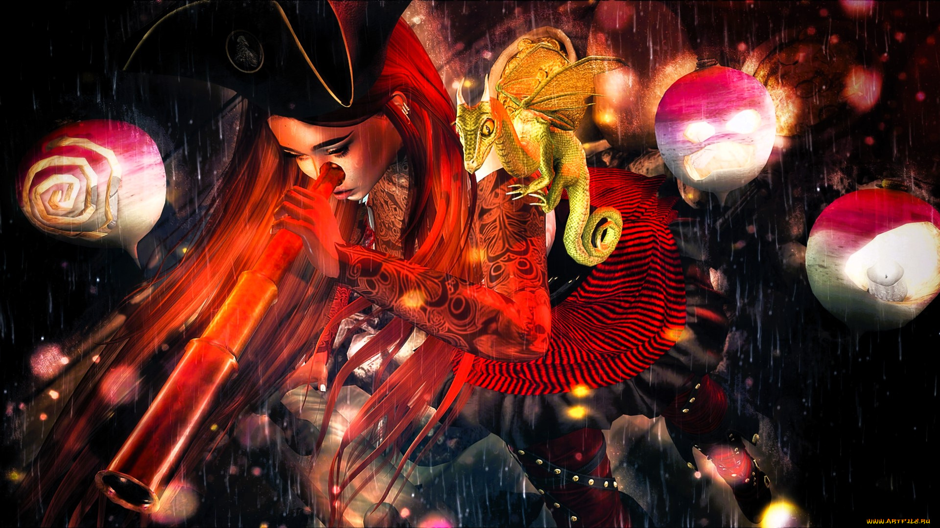 3д, графика, фантазия, , fantasy, девушка, телескоп, шляпа, шары, дракон