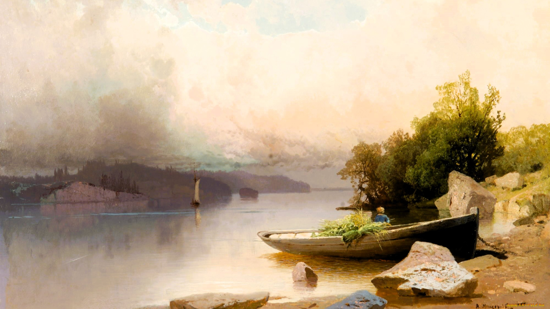 арсений, мещерский, рисованное, река, берега, лодка, деревья