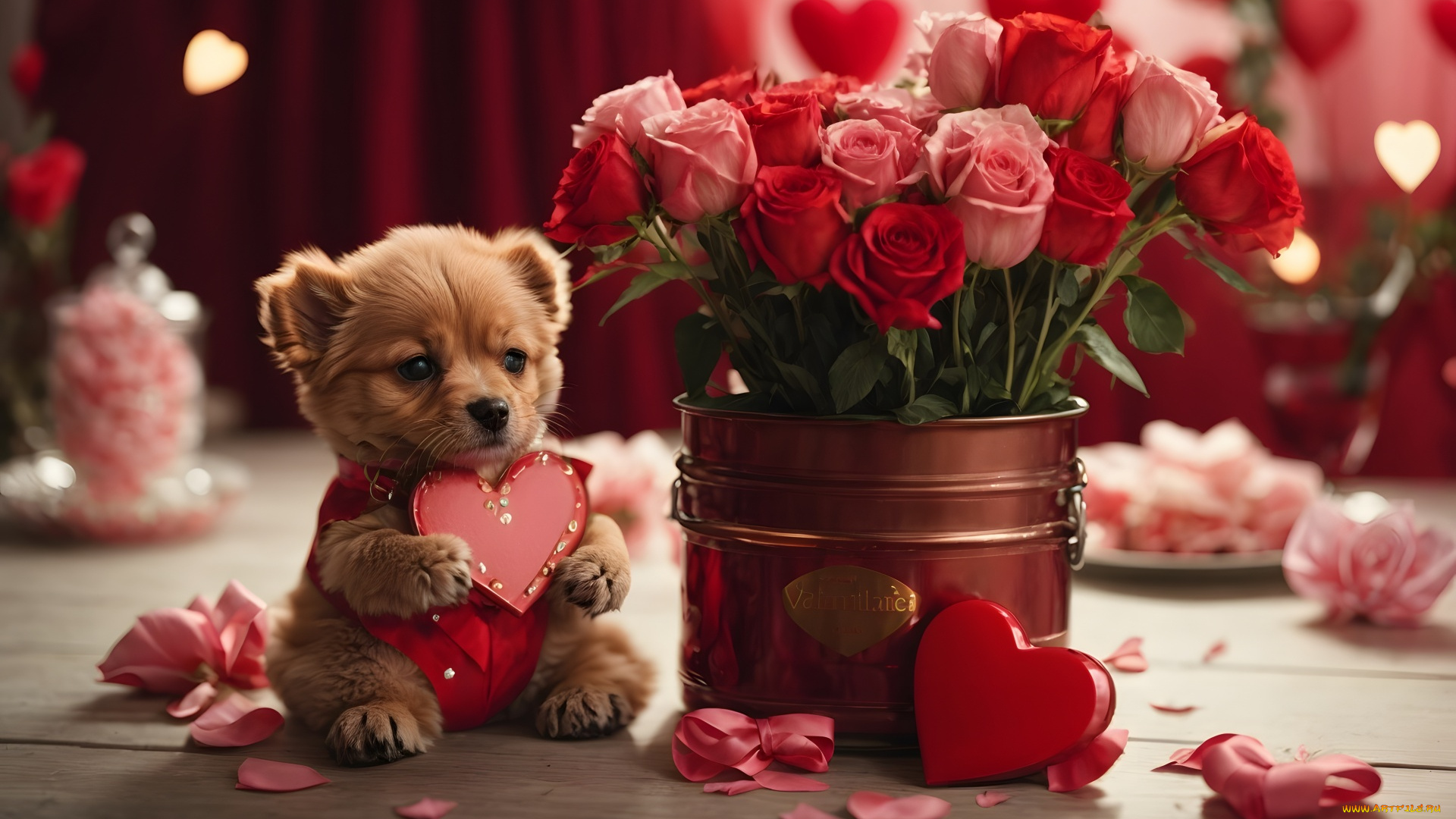 праздничные, день, святого, валентина, , сердечки, , любовь, розы, сердечки, щенок