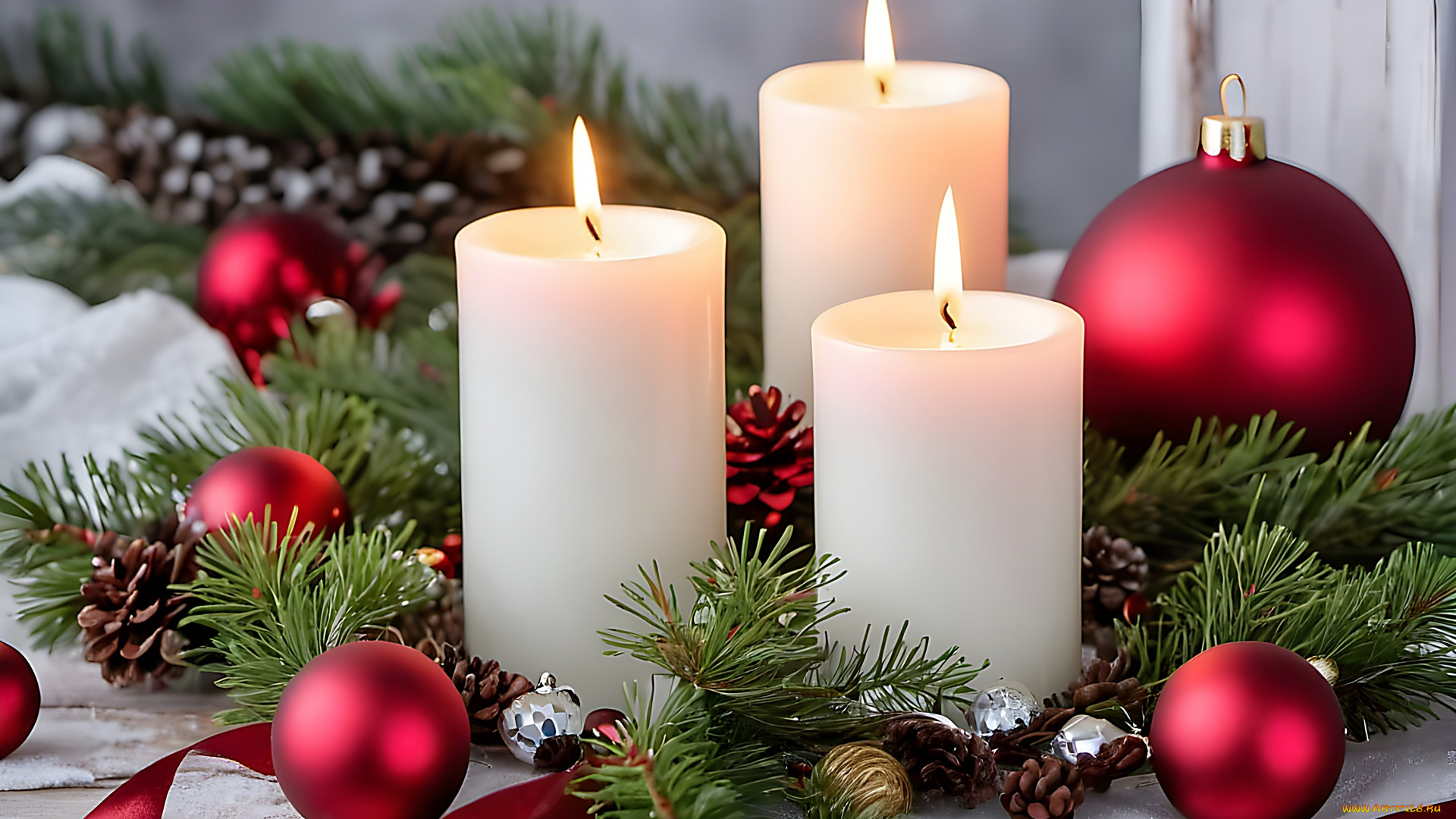 праздничные, новогодние, свечи, шишки, шарики, свечи, лента