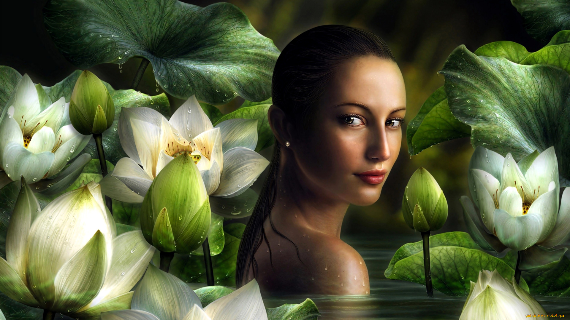 рисованное, люди, девушка, лицо, озеро, лотосы, цветы, листья