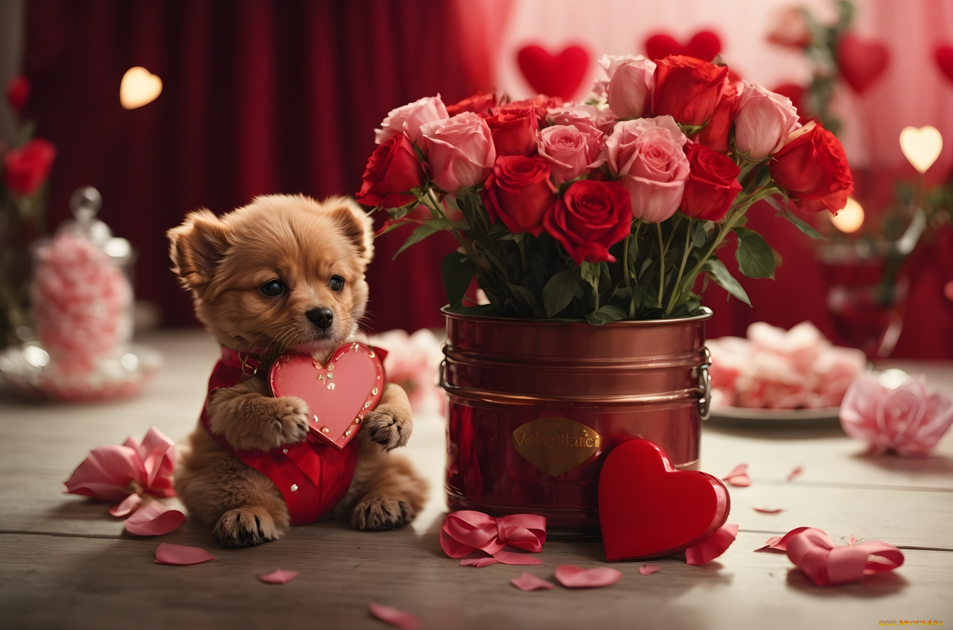 праздничные, день, святого, валентина, , сердечки, , любовь, розы, сердечки, щенок