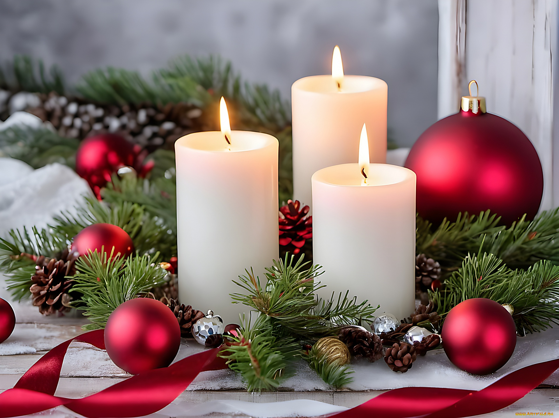 праздничные, новогодние, свечи, шишки, шарики, свечи, лента