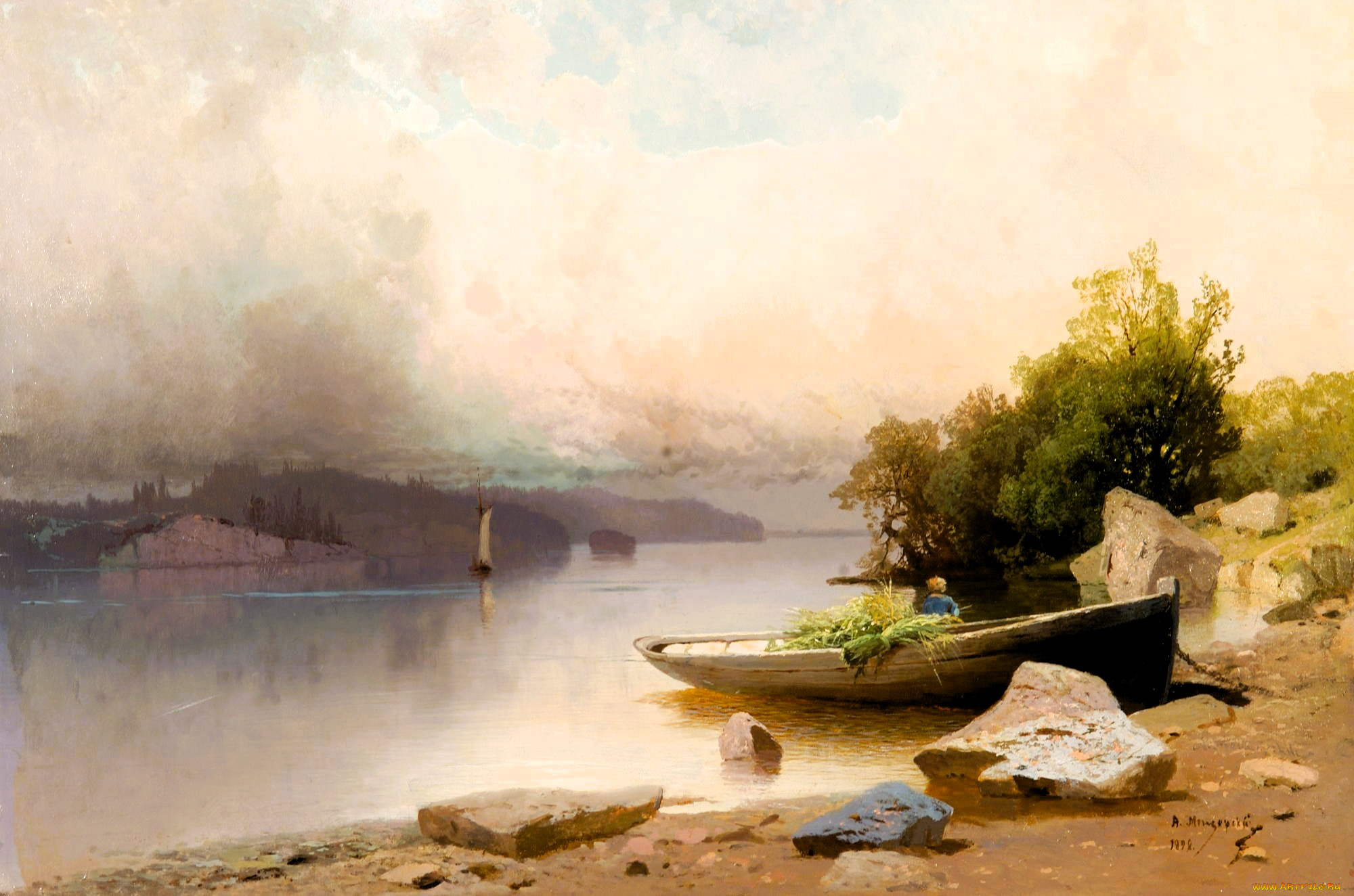 арсений, мещерский, рисованное, река, берега, лодка, деревья