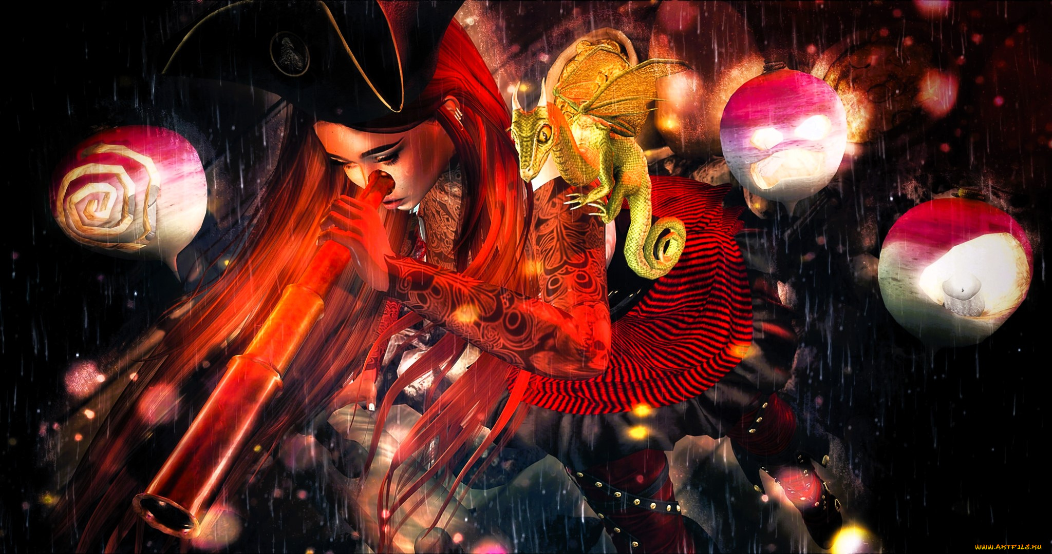 3д, графика, фантазия, , fantasy, девушка, телескоп, шляпа, шары, дракон