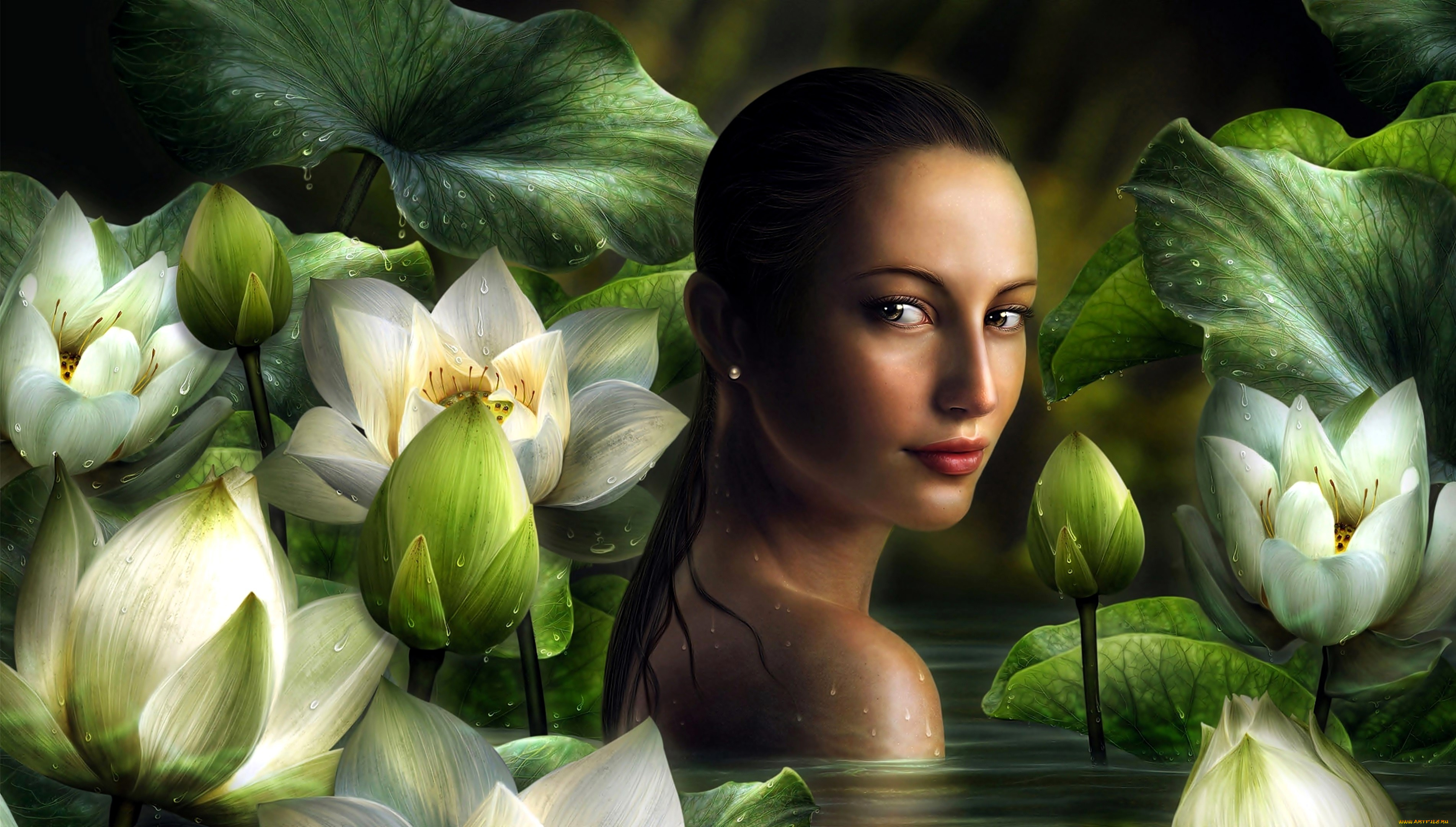 рисованное, люди, девушка, лицо, озеро, лотосы, цветы, листья