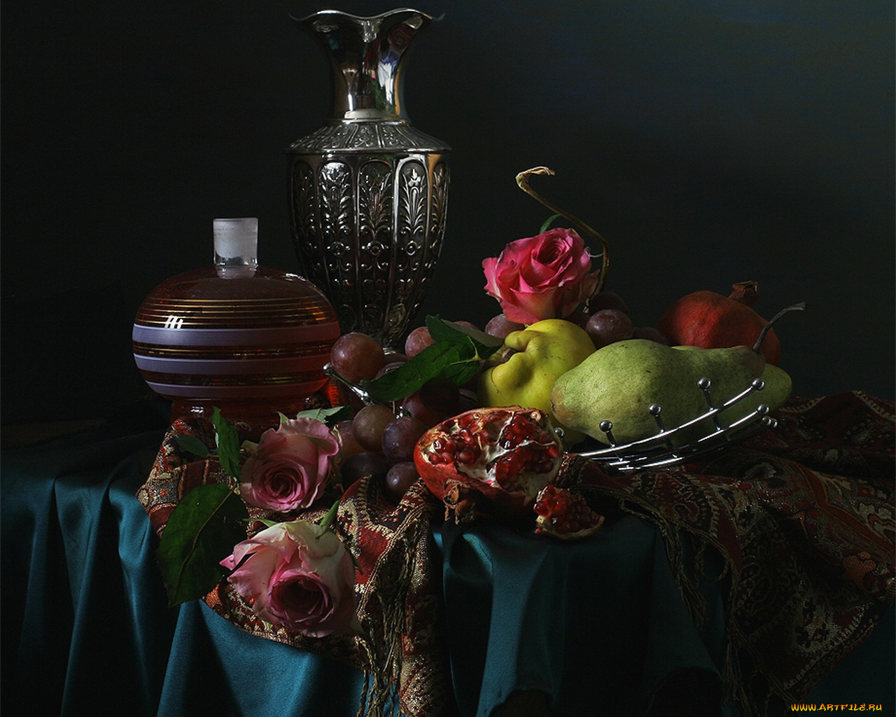 ра, быкова, натюрморт, цветами, фруктами, еда