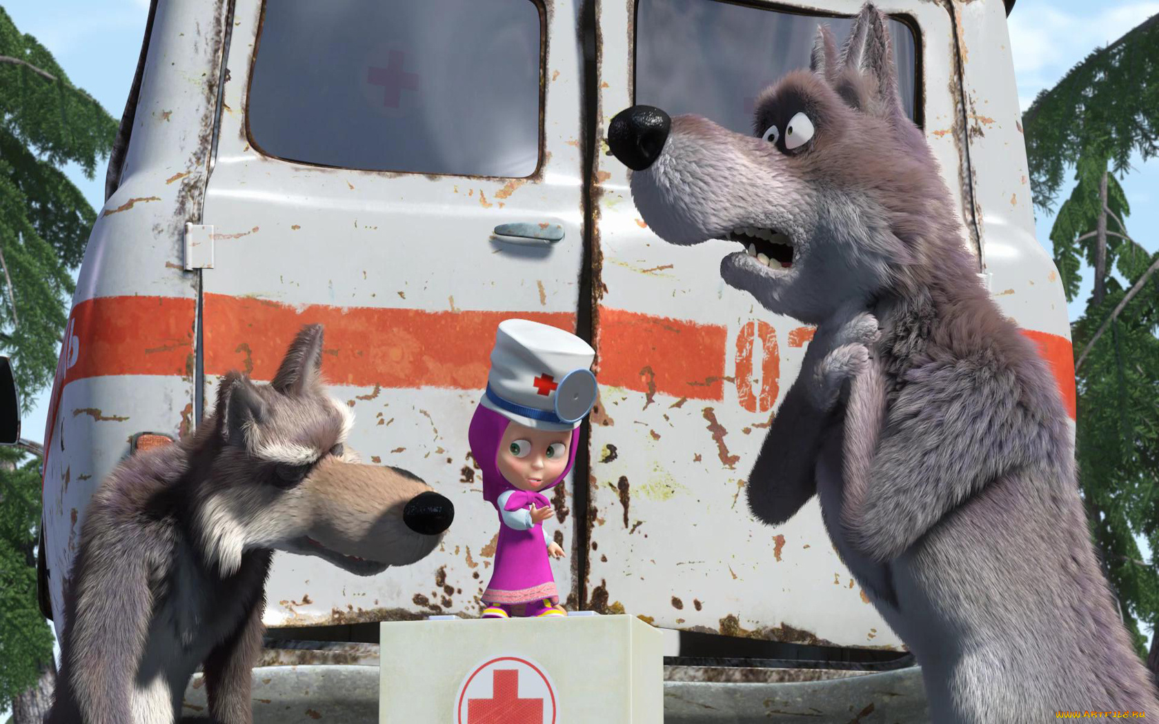 мультфильмы, маша, медведь, волки