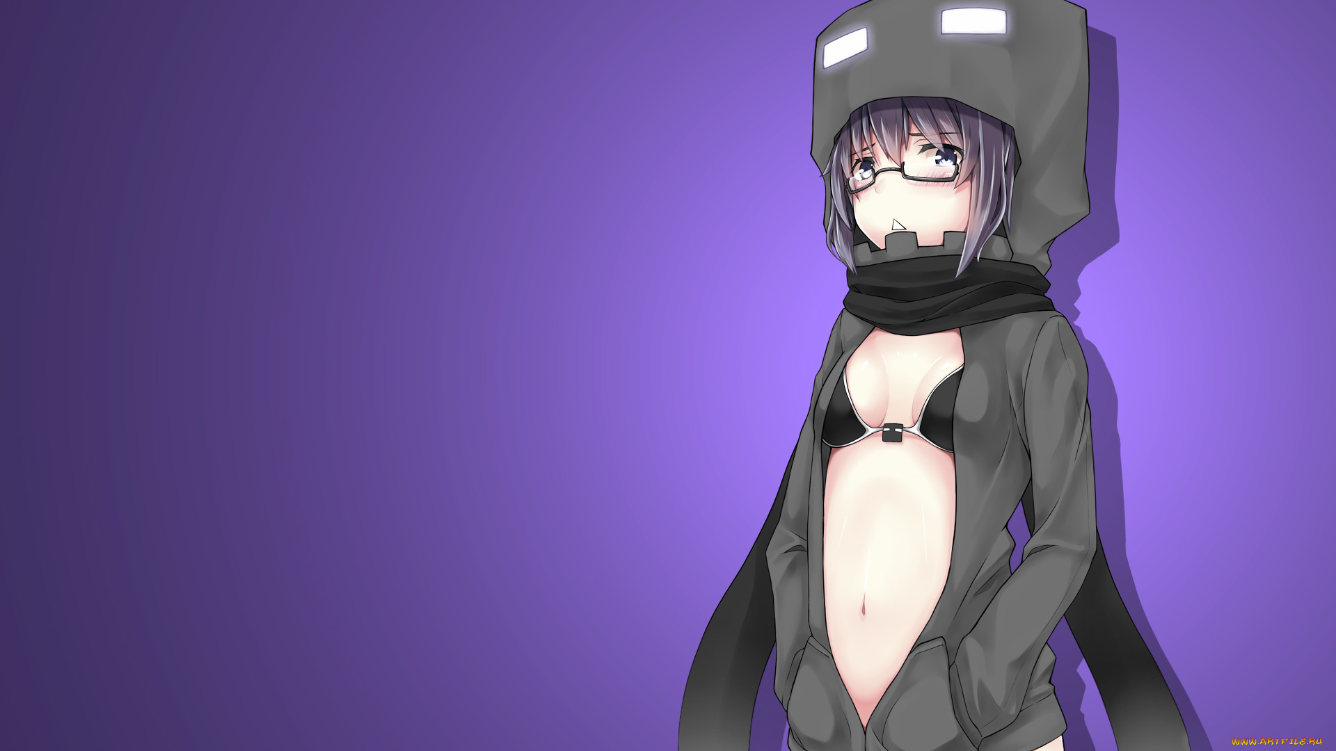 аниме, *unknown, другое, девушка, очки, шарф, капюшон, грудь