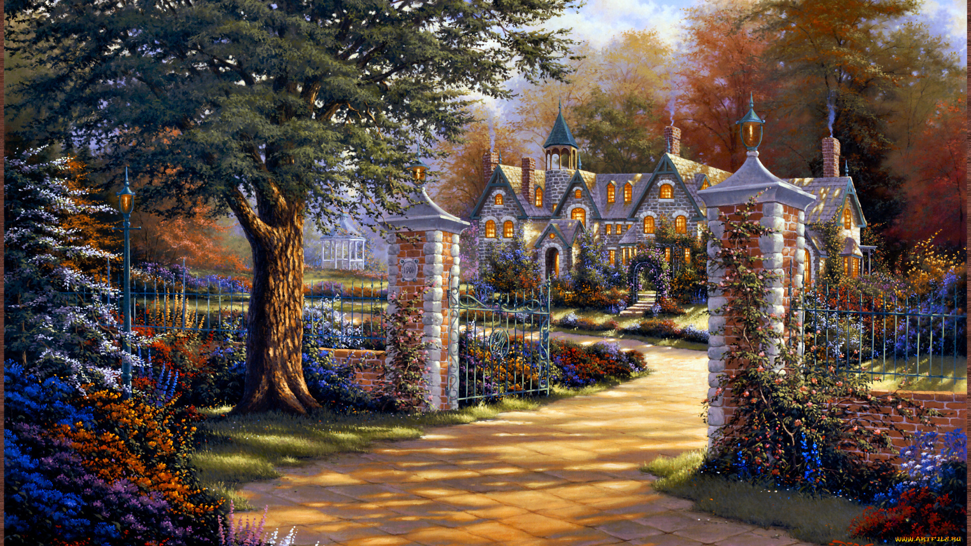 derk, hansen, рисованные, арт, ворота, забор, дерево, цветы, дом