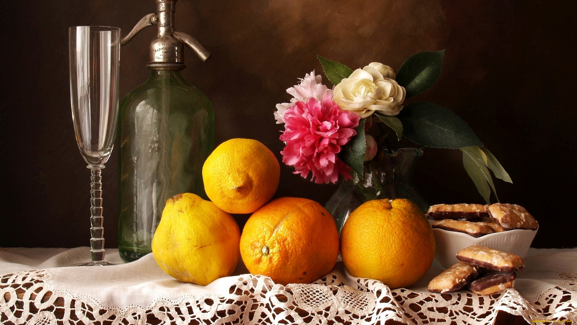 еда, натюрморт, цветы, печенье, апельсин, лимон, бокал, сифон