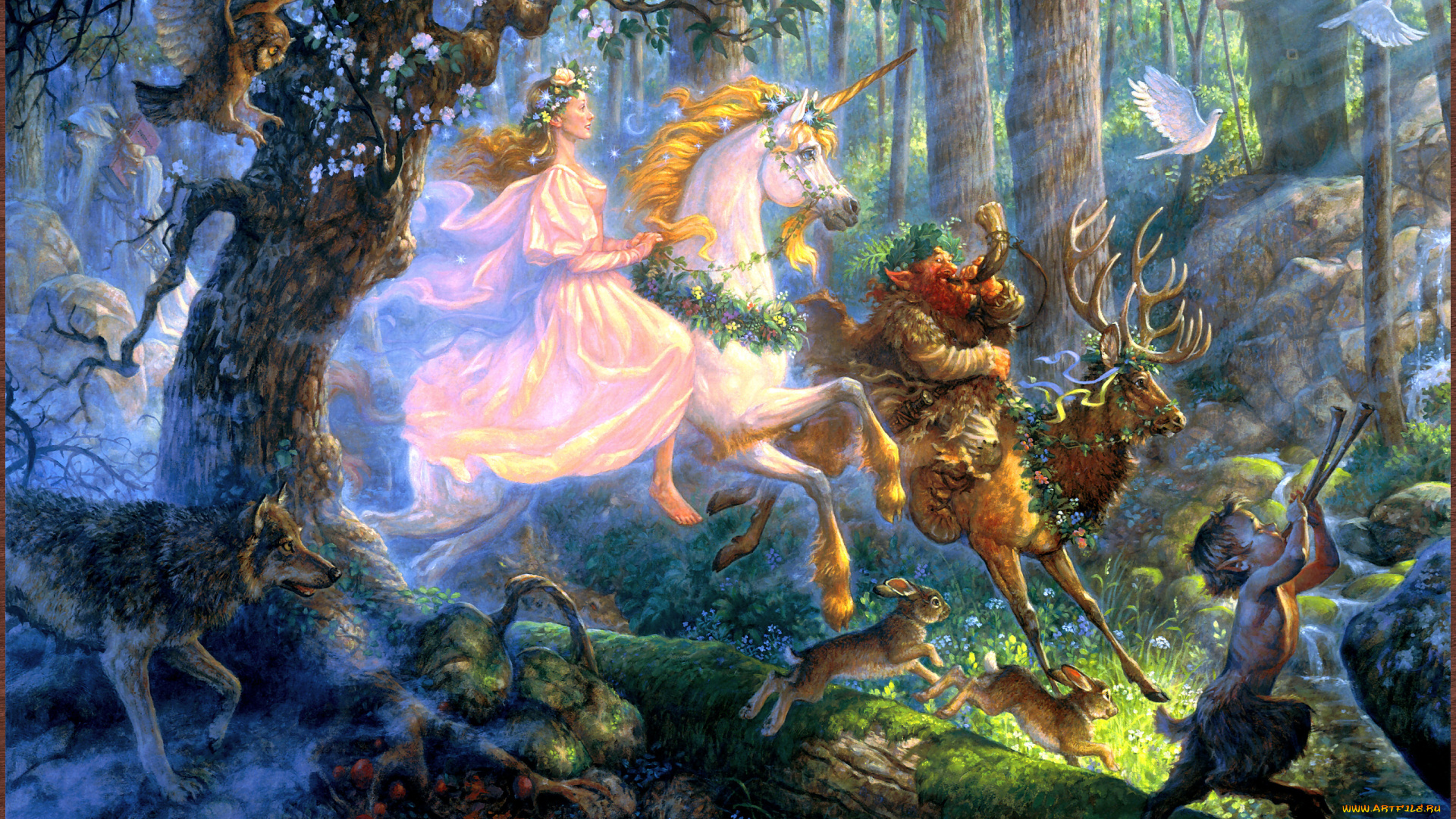 scott, gustafson, the, maiden, and, unicorn, фэнтези, существа, арт, лес, девушка, единорог, олень, чертёнок, волк, зайцы, голуби